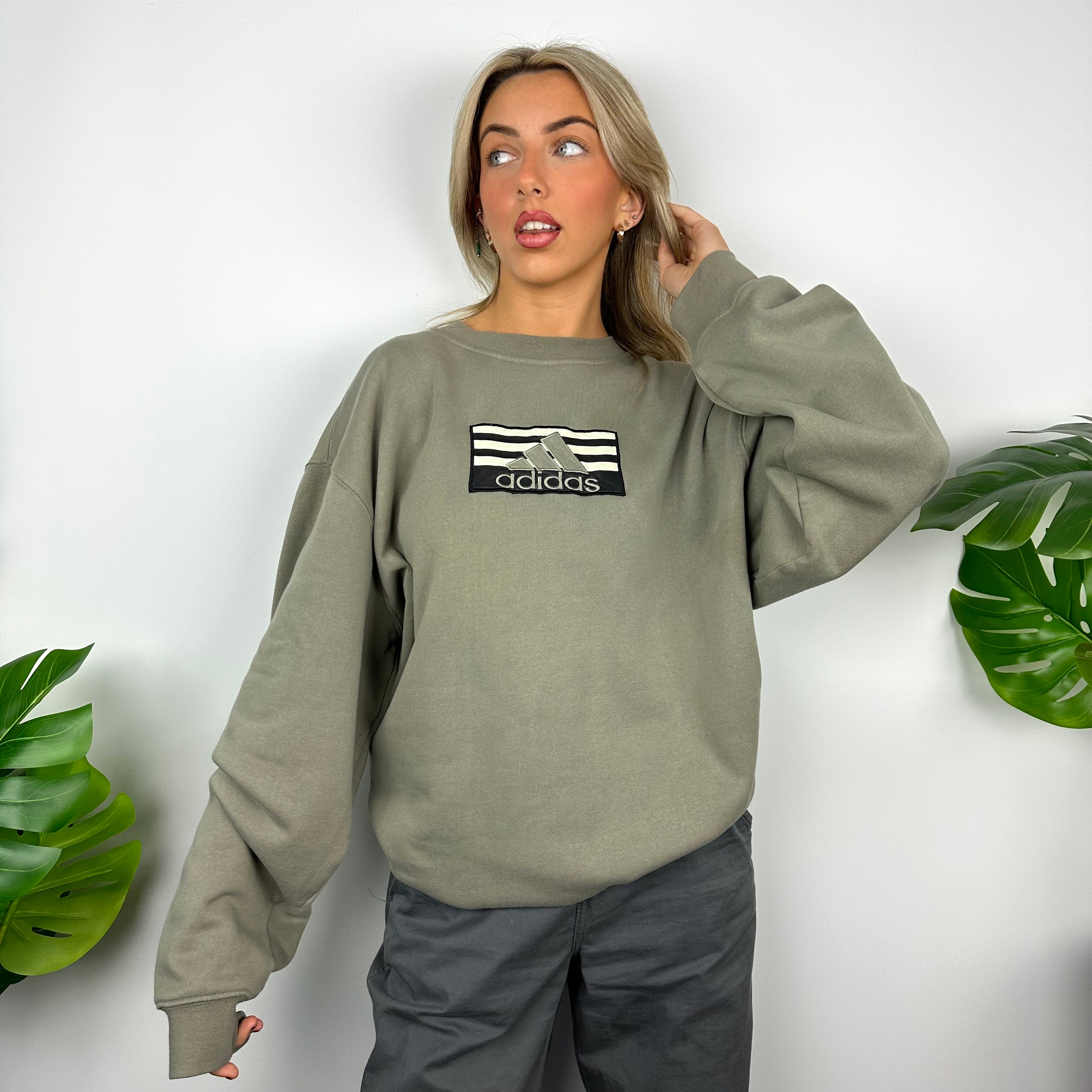 Adidas Khaki Embroidered Spell Out Sweatshirt (XXL)