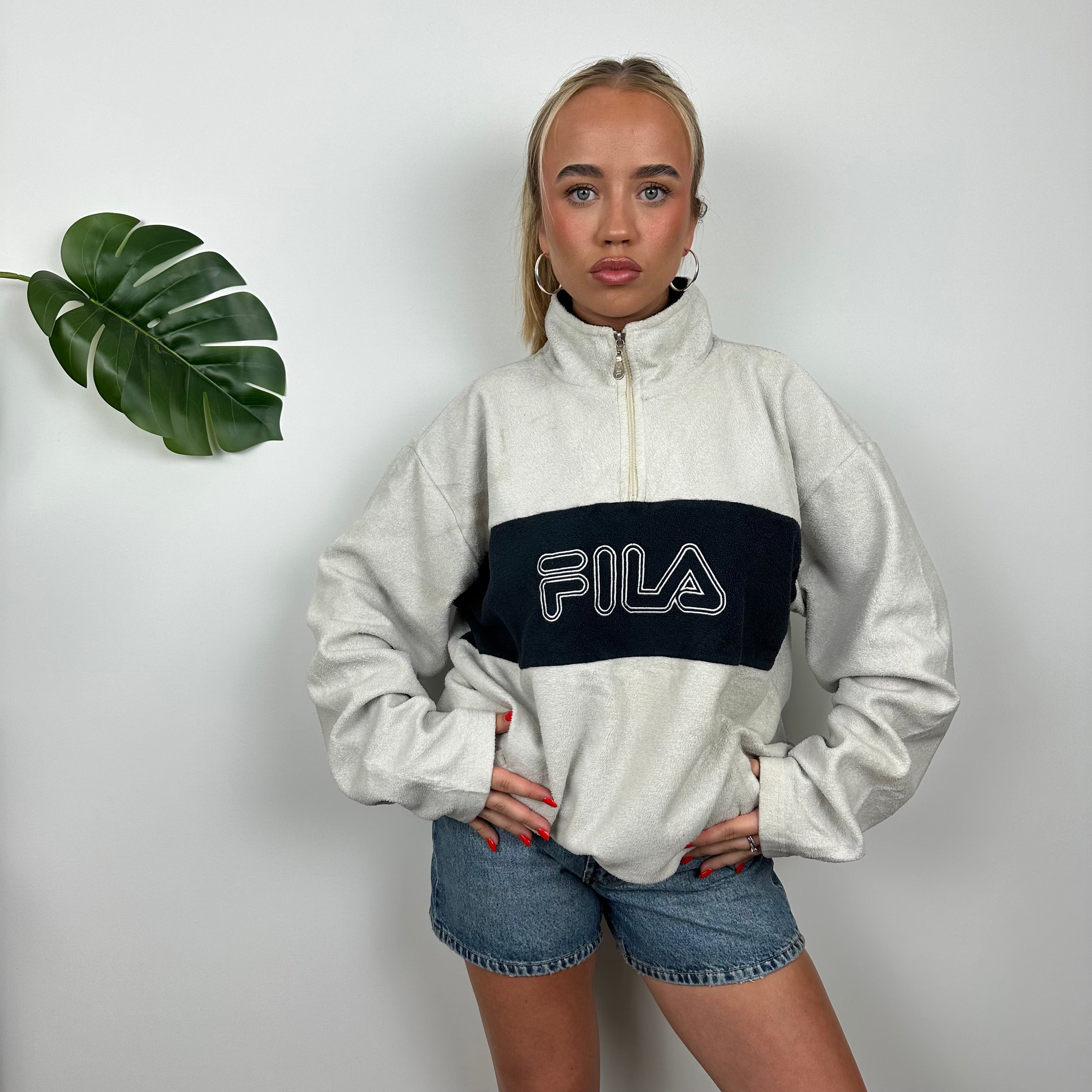 FILA White Embroidered Spell Out Teddy Bear Fleece Quarter Zip Sweatshirt (L)