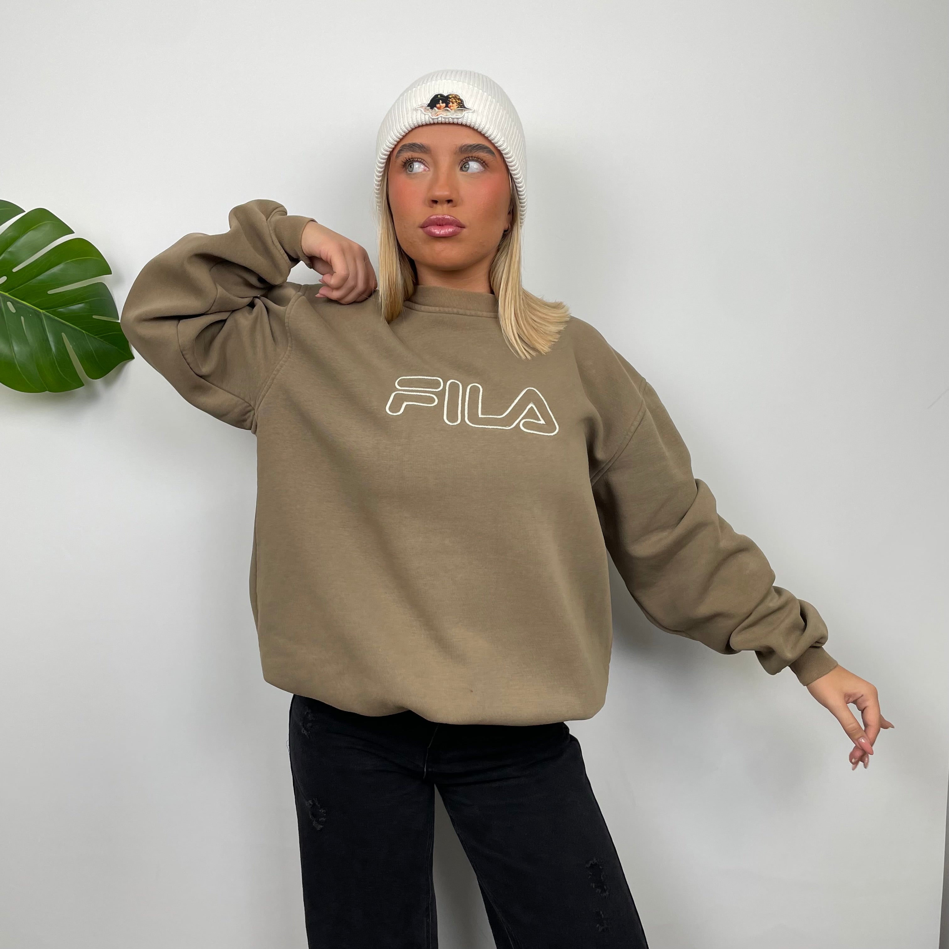 FILA Tan Brown Embroidered Spell Out Sweatshirt (L)