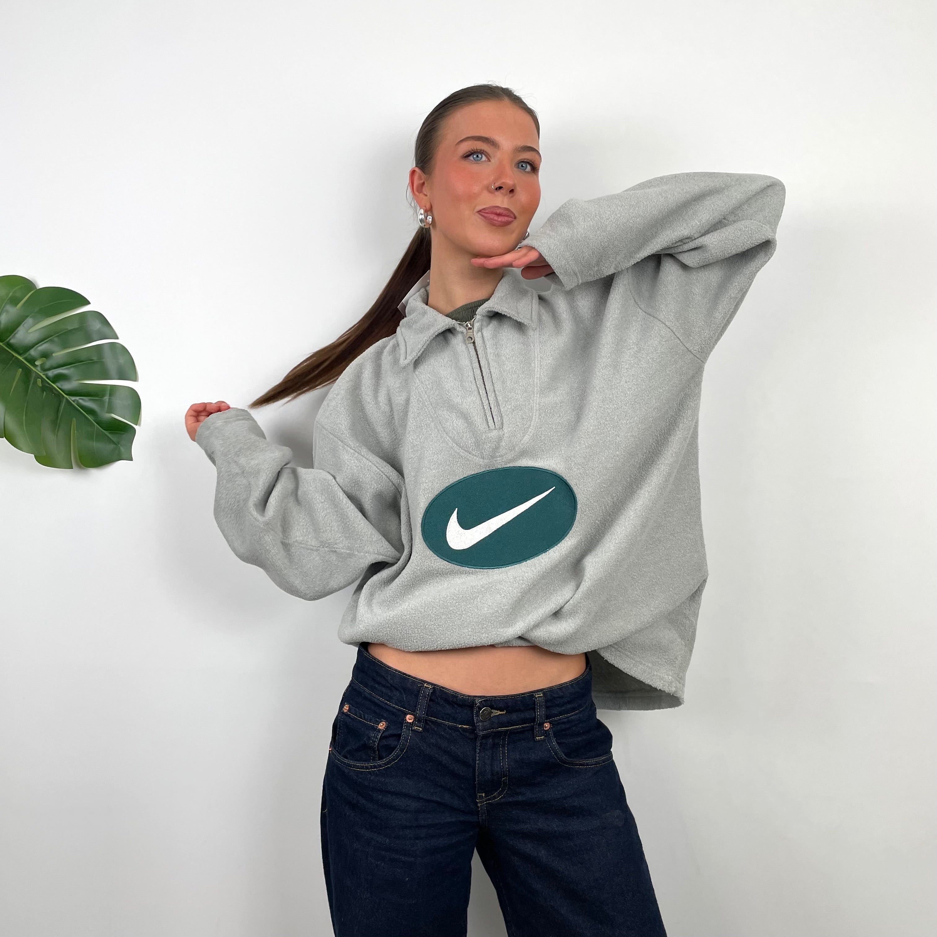 Nike Grey Embroidered Swoosh Teddy Bear Fleece Quarter Zip Sweatshirt (L)