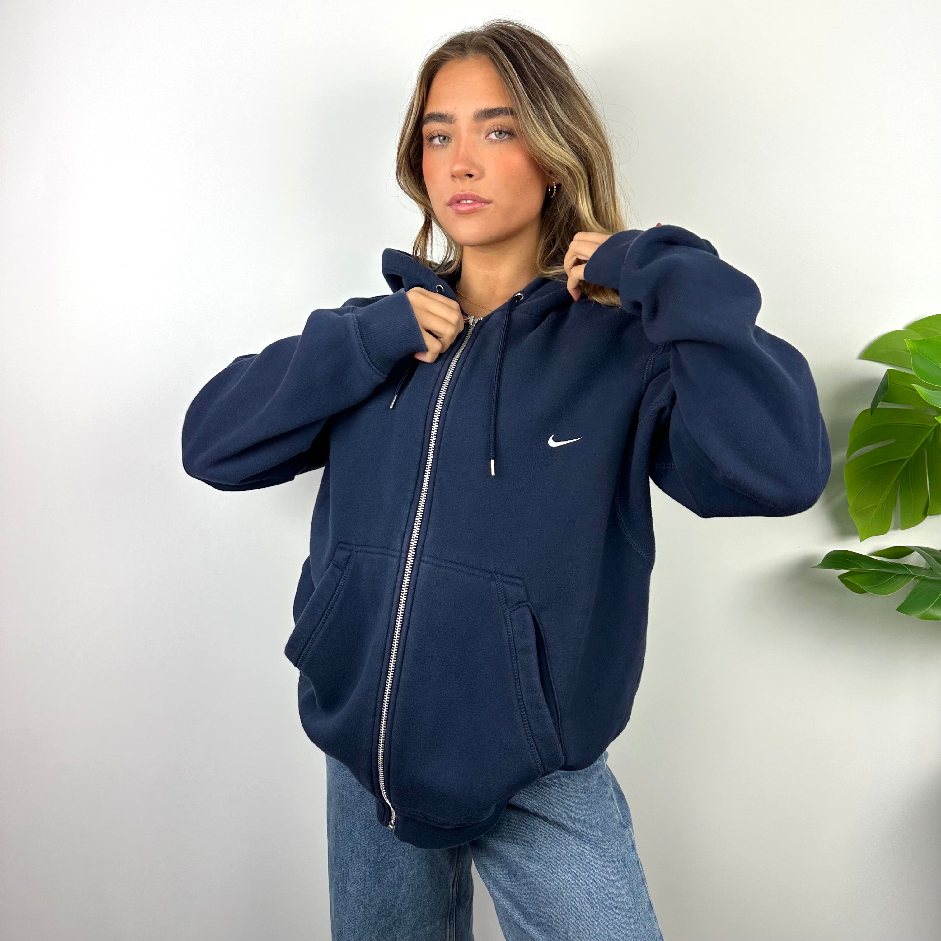 Nike Navy Embroidered Swoosh Zip Up Hoodie Jacket (L)