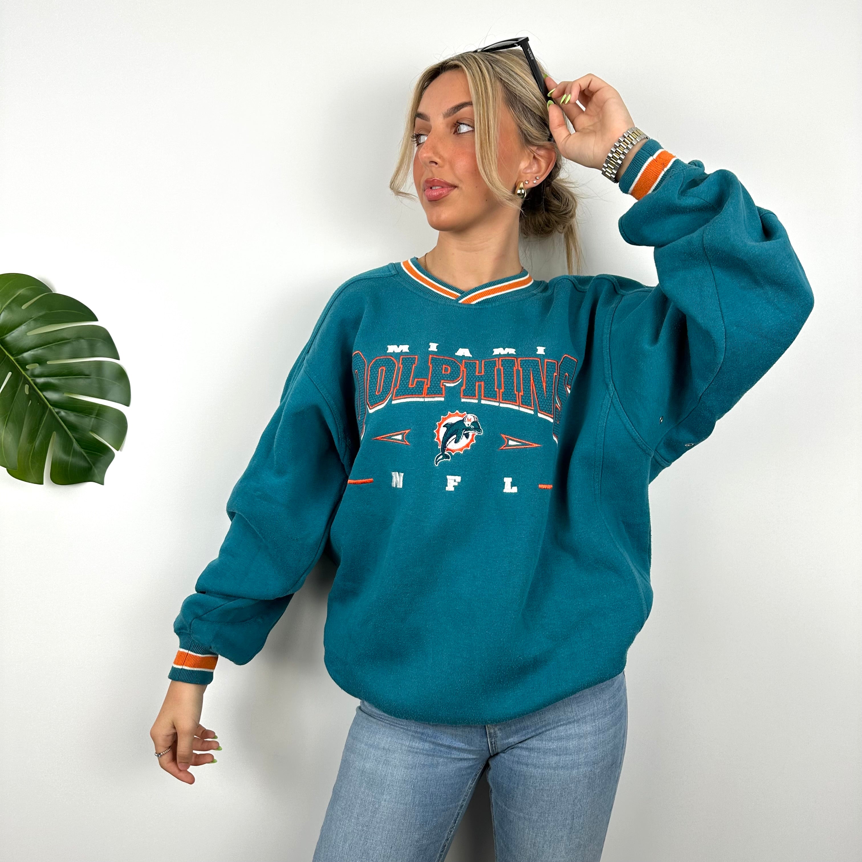 NFL Miami Dolphins Turquoise Embroidered Spell Out Sweatshirt (L)