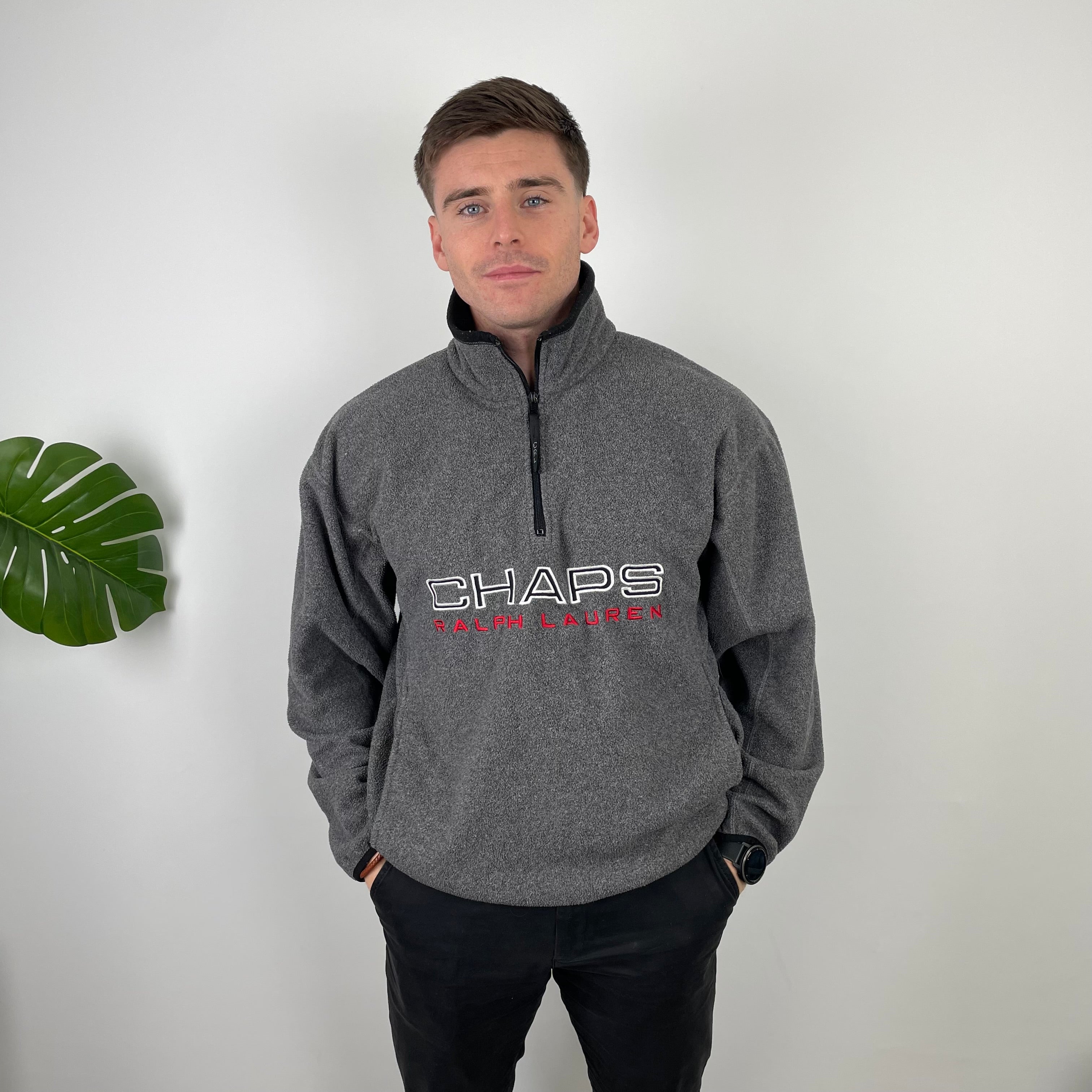 Chaps Ralph Lauren Grey Embroidered Spell Out Teddy Bear Fleece Quarter Zip Sweatshirt (L)