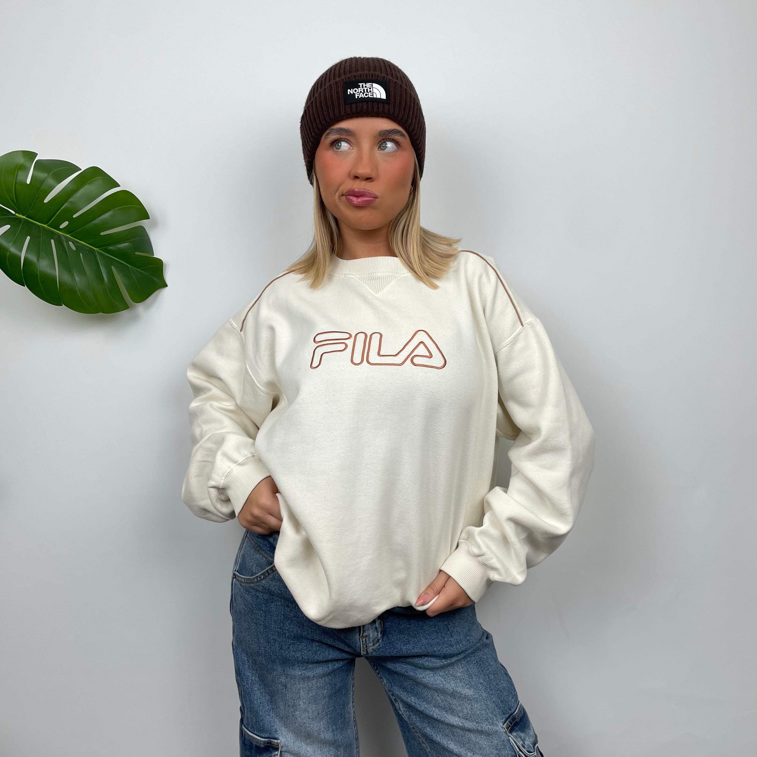 FILA Cream Embroidered Spell Out Sweatshirt (L)