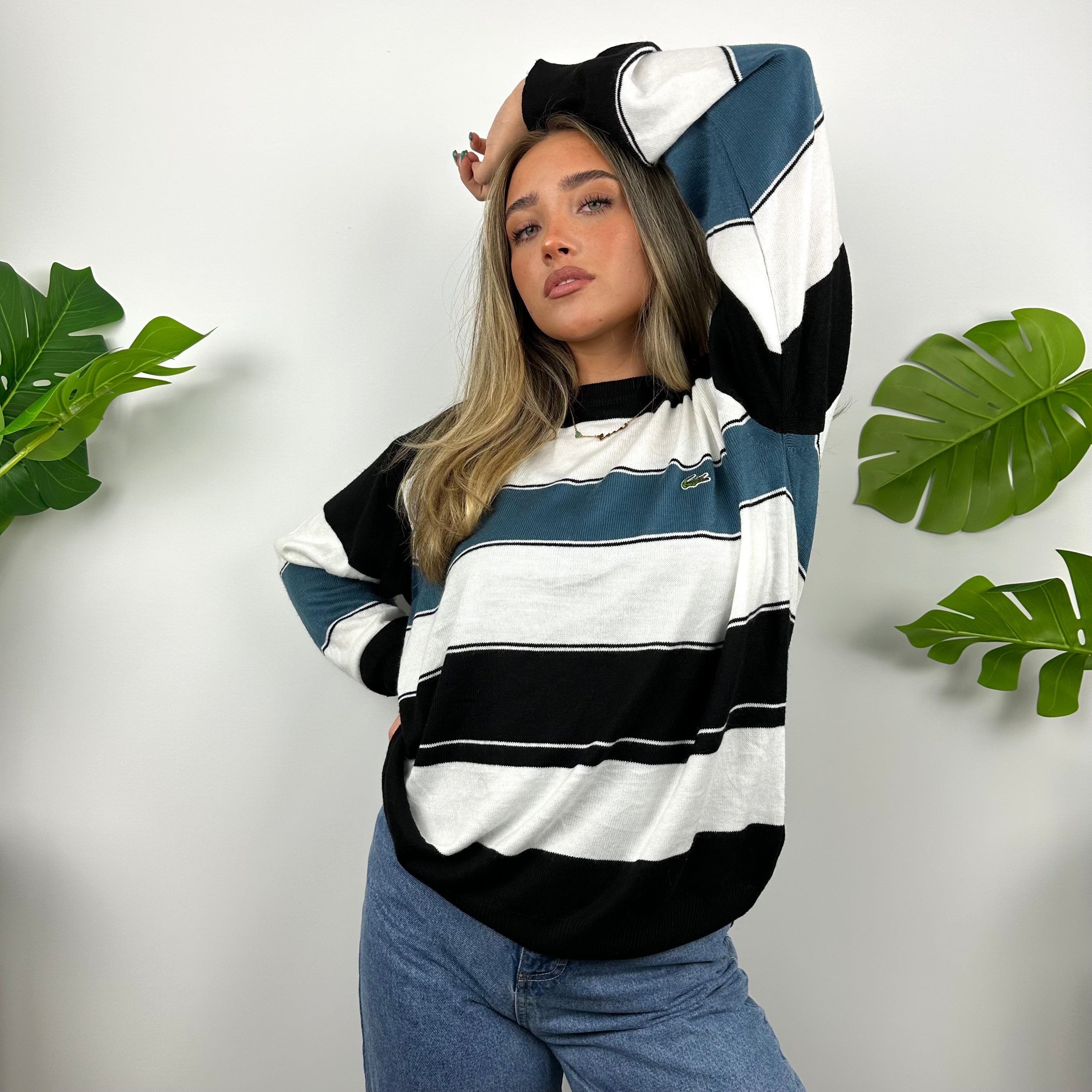 Lacoste White, Black & Navy Striped Embroidered Logo Sweater (M)