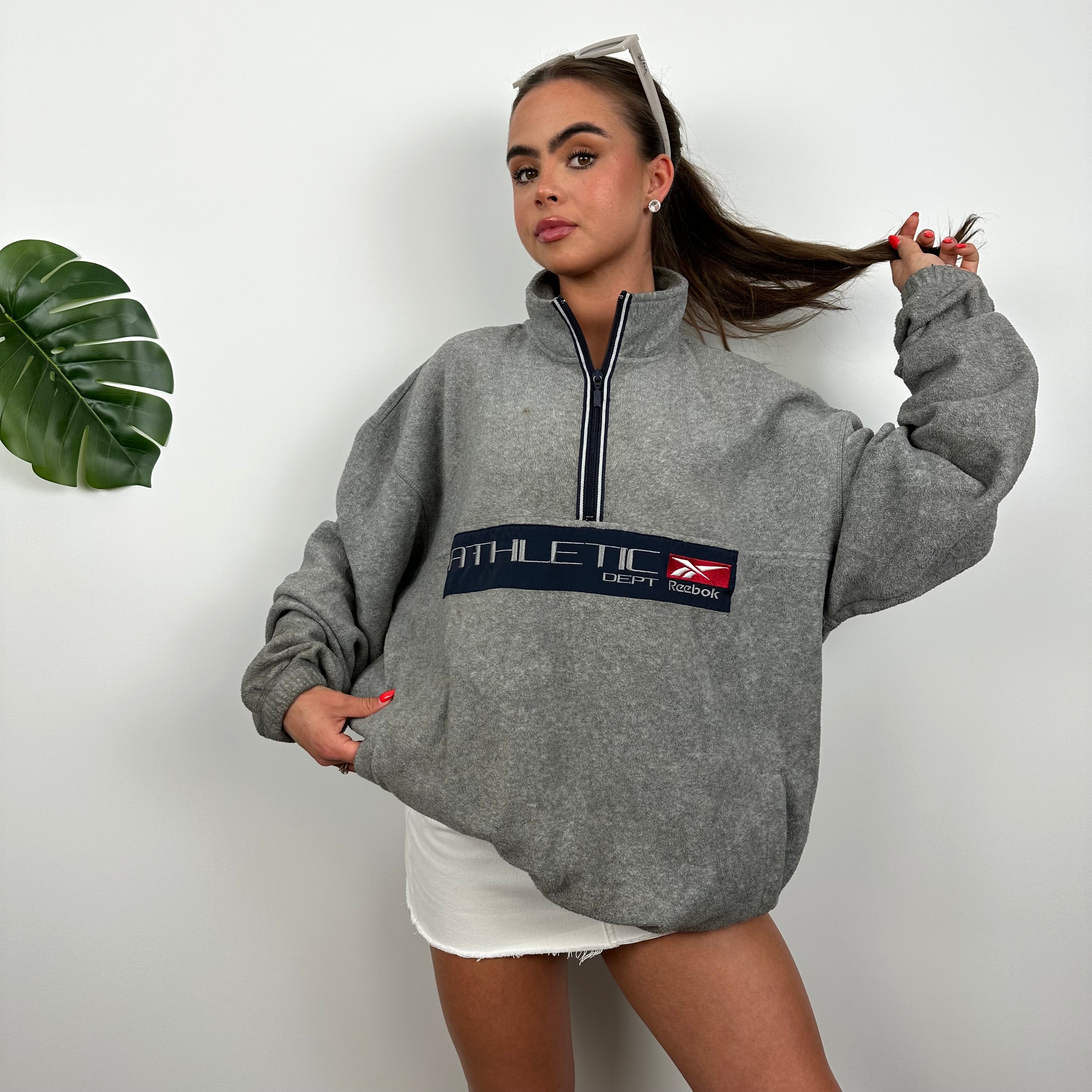 Reebok Grey Embroidered Spell Out Fleece Quarter Zip Sweatshirt (M)