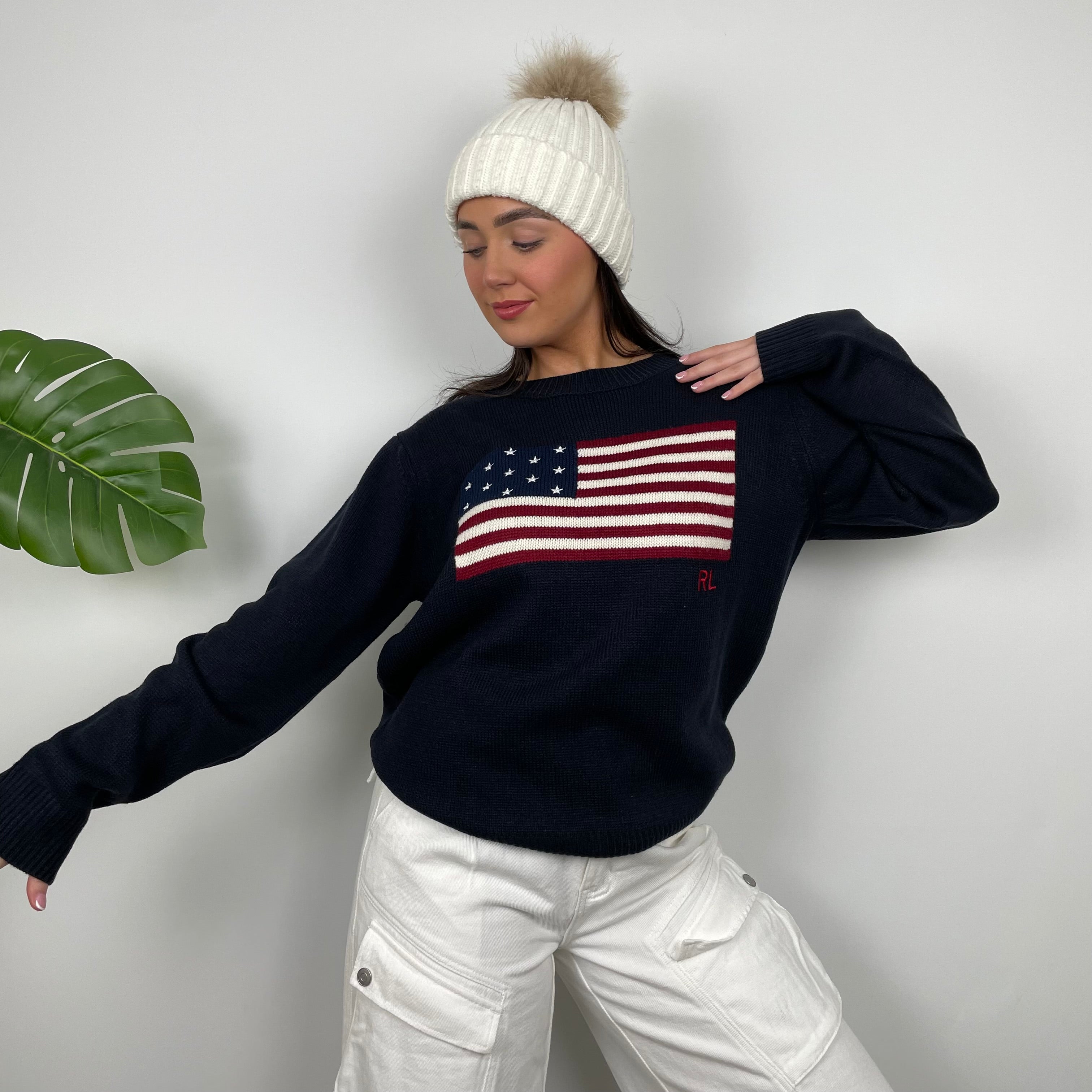 Polo Ralph Lauren Navy Embroidered Spell Out Knitted Sweater (M)