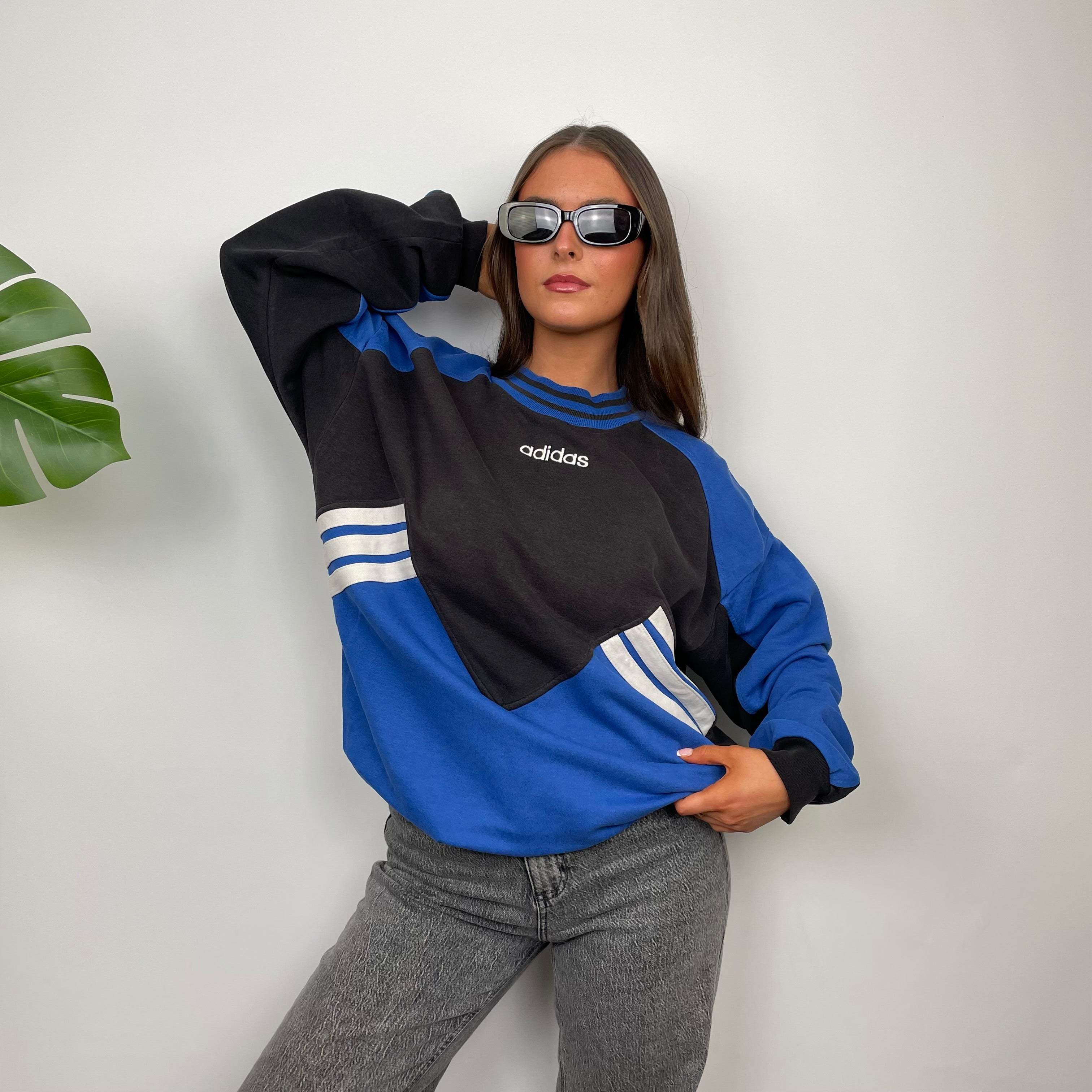 Adidas Black & Blue Embroidered Spell Out Colour Block Sweatshirt (L)