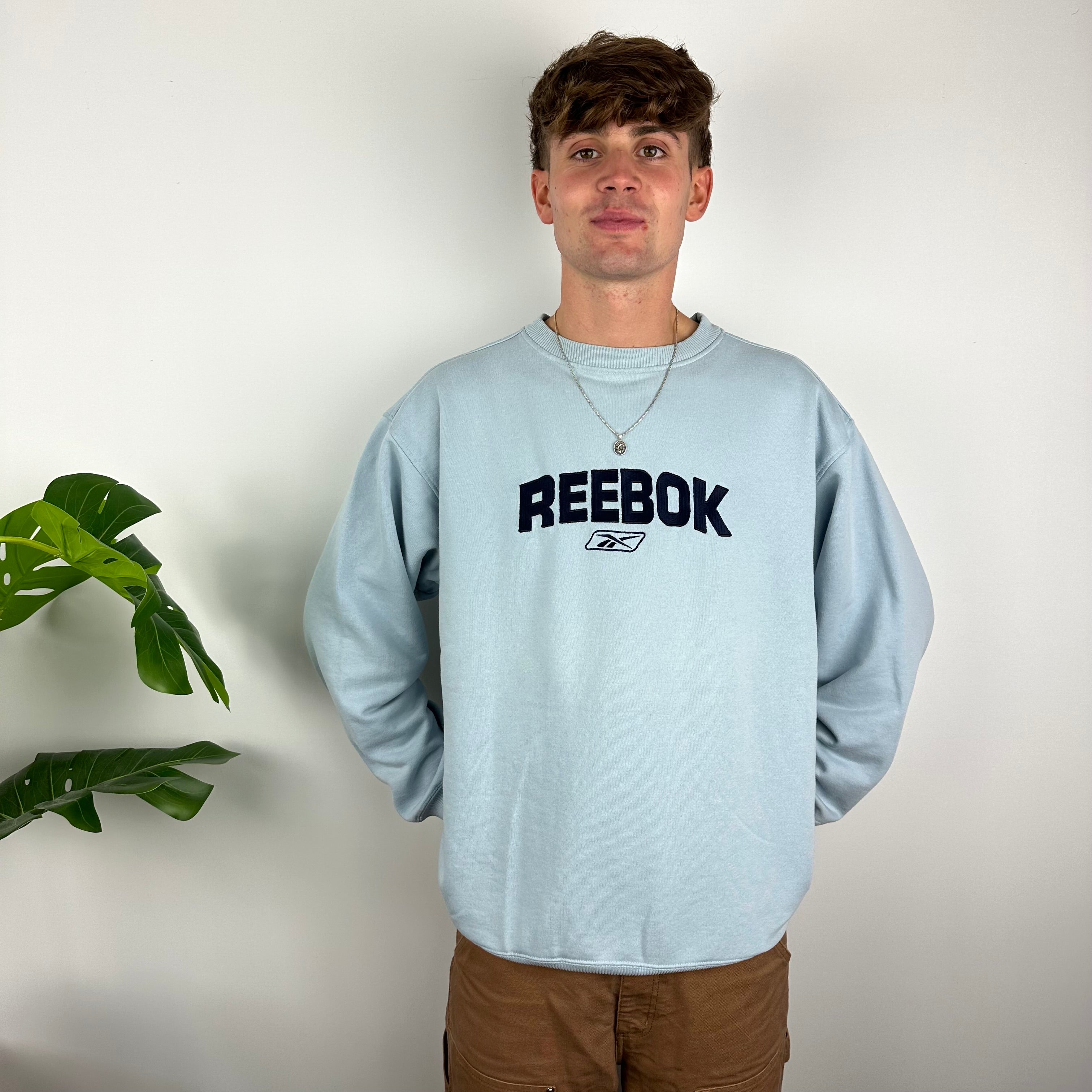 Reebok RARE Baby Blue Embroidered Spell Out Sweatshirt (XL)