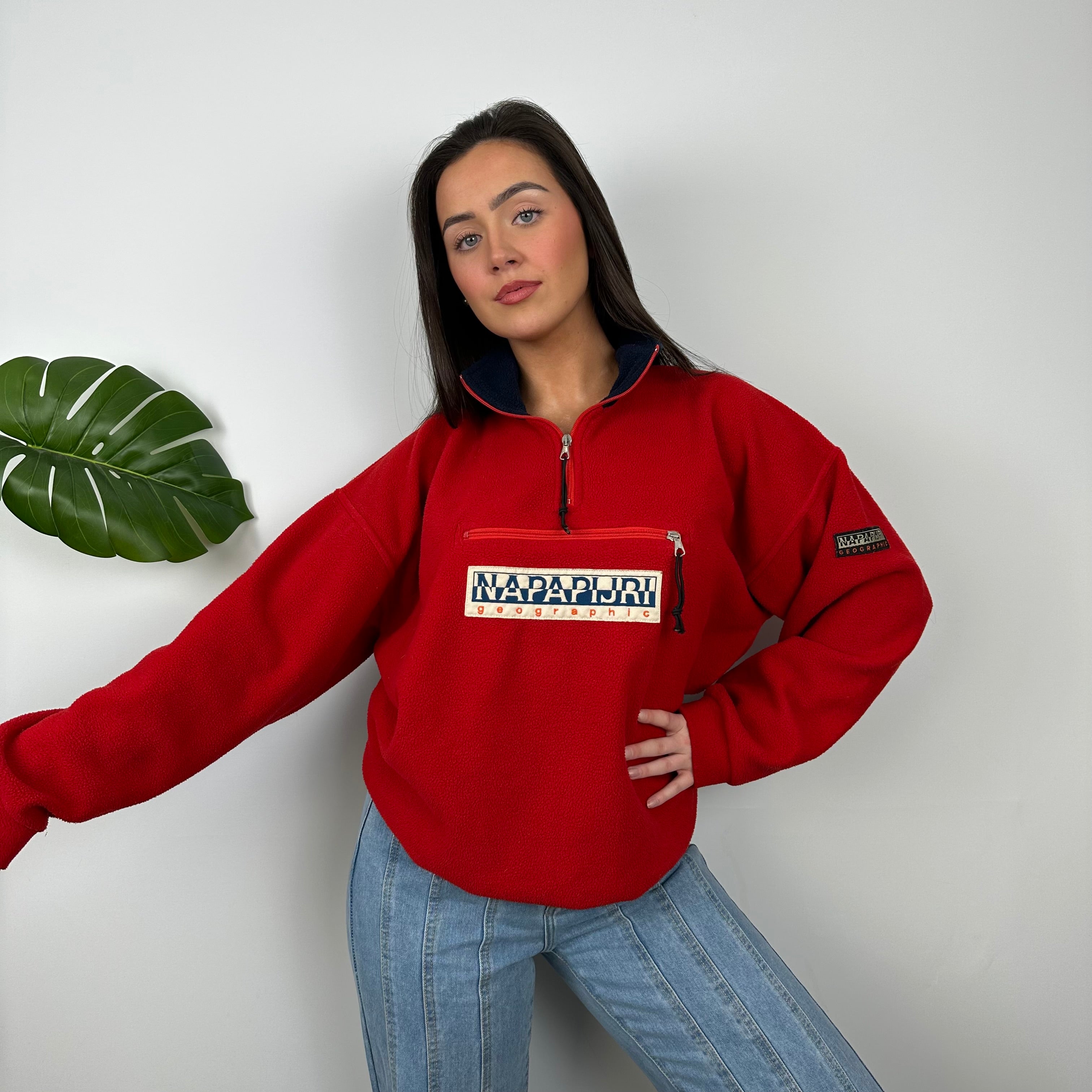 Napapijri Red Embroidered Spell Out Teddy Bear Fleece Quarter Zip (M)