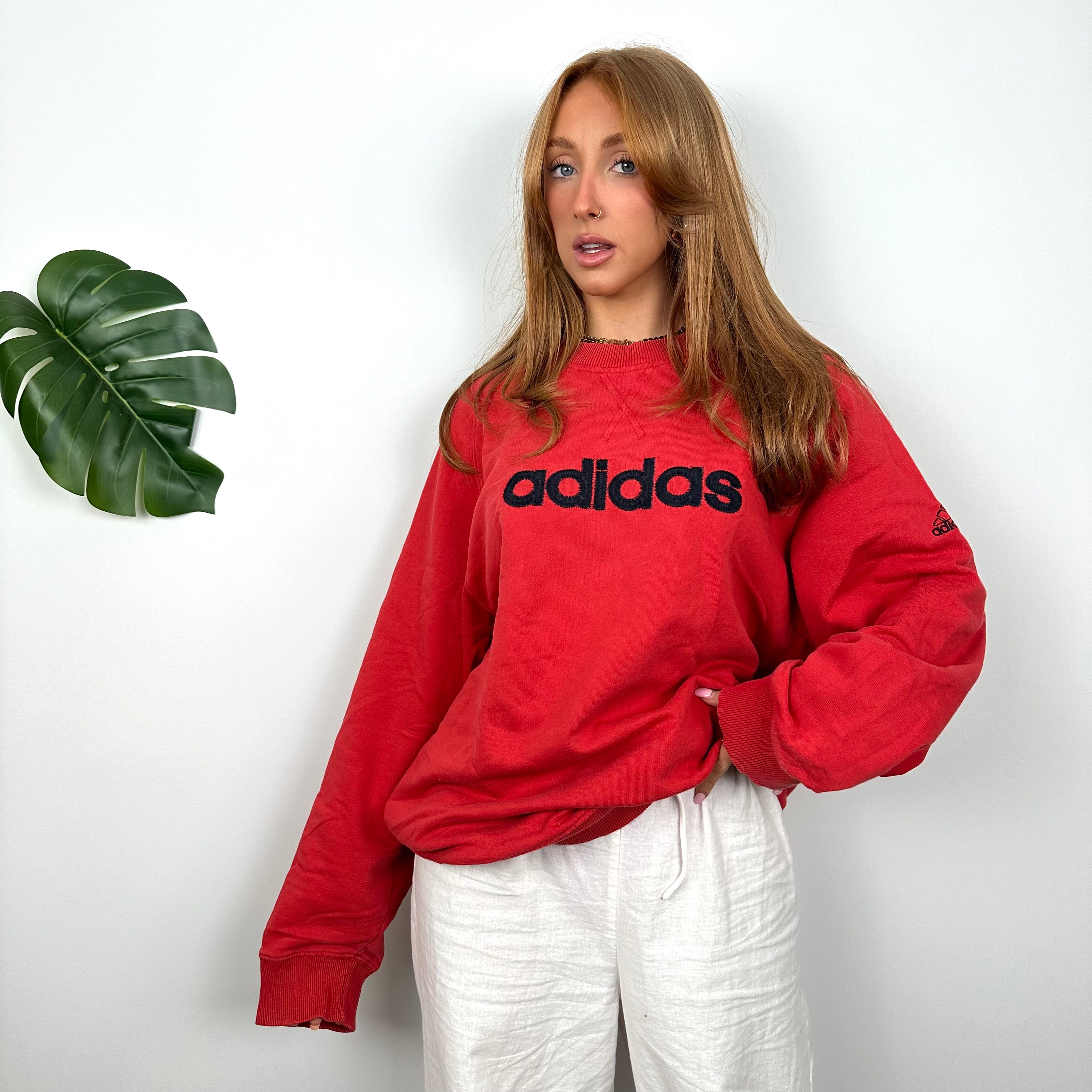 Adidas Red Embroidered Spell Out Sweatshirt (L)