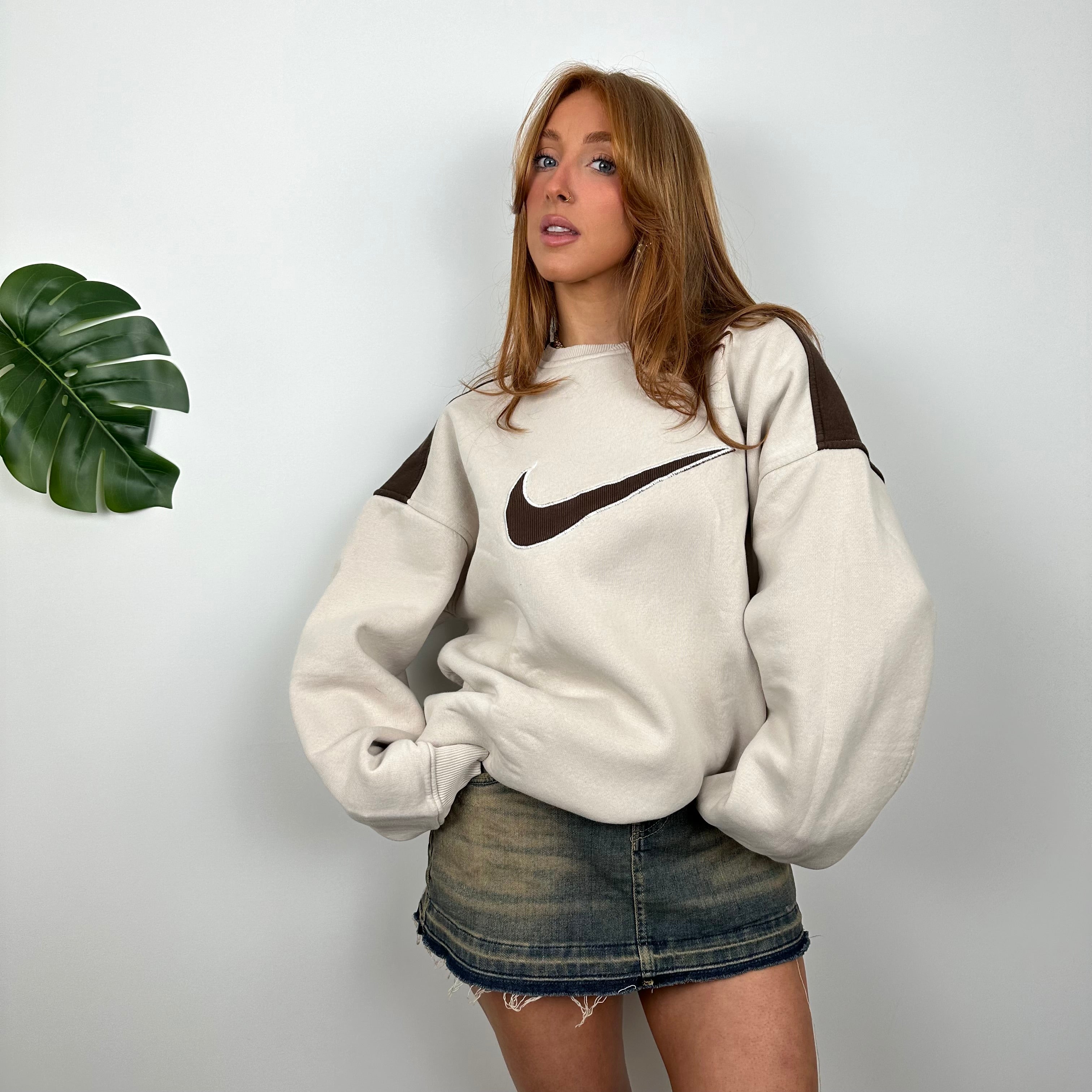 Nike Cream and Brown Embroidered Swoosh Sweatshirt (M)