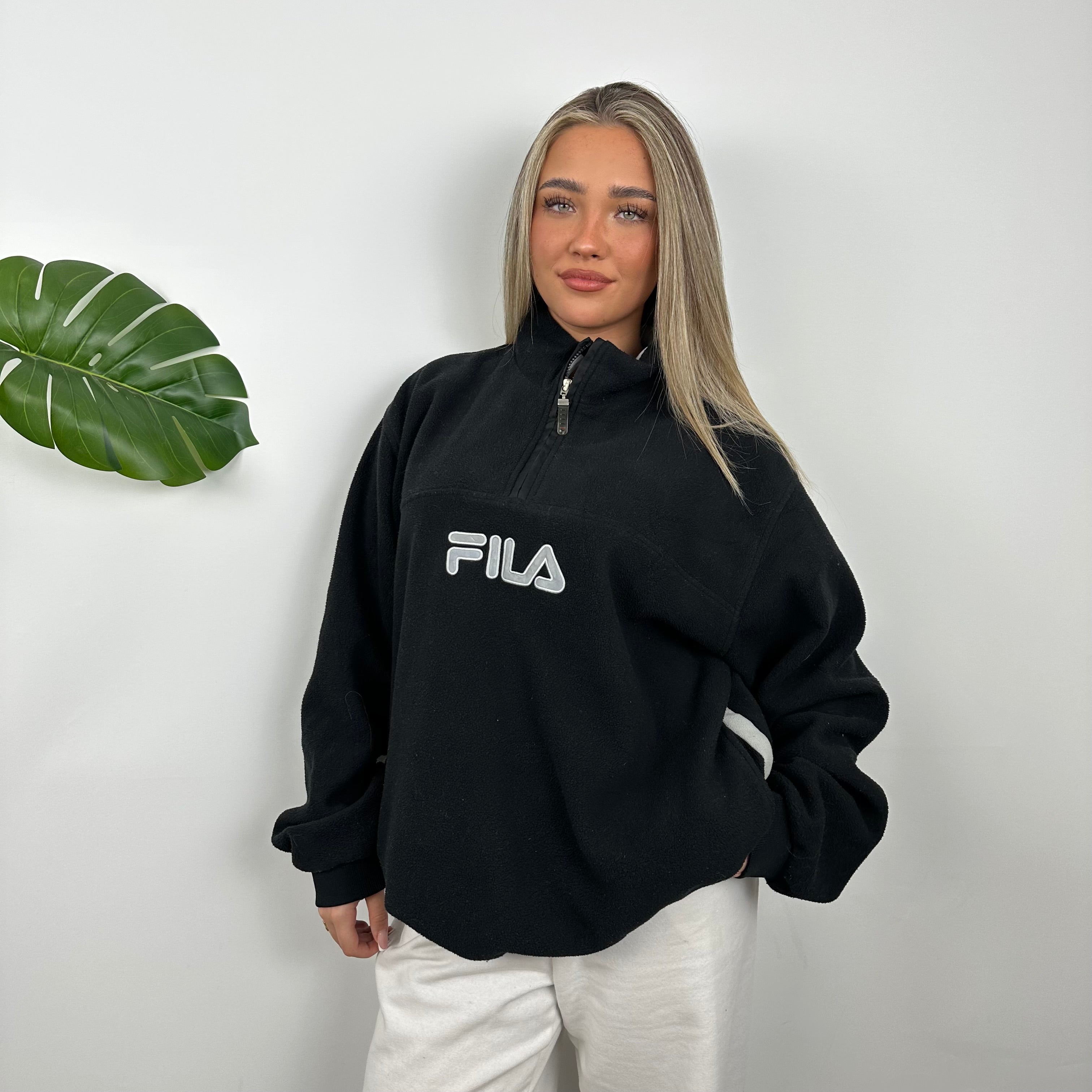 FILA Black Embroidered Spell Out Teddy Bear Fleece Quarter Zip Sweatshirt (XL)