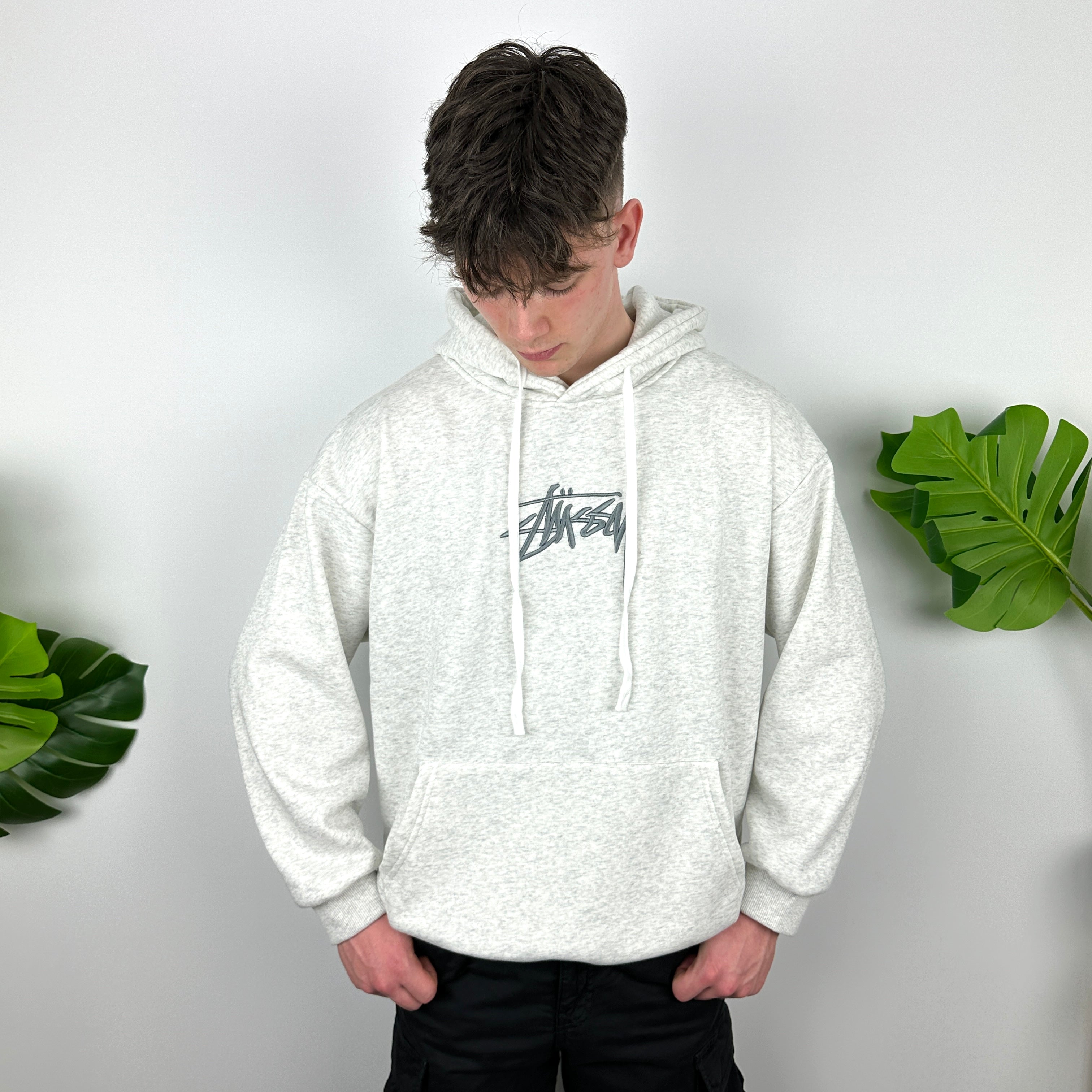 Stussy Grey Embroidered Spell Out Hoodie (L)