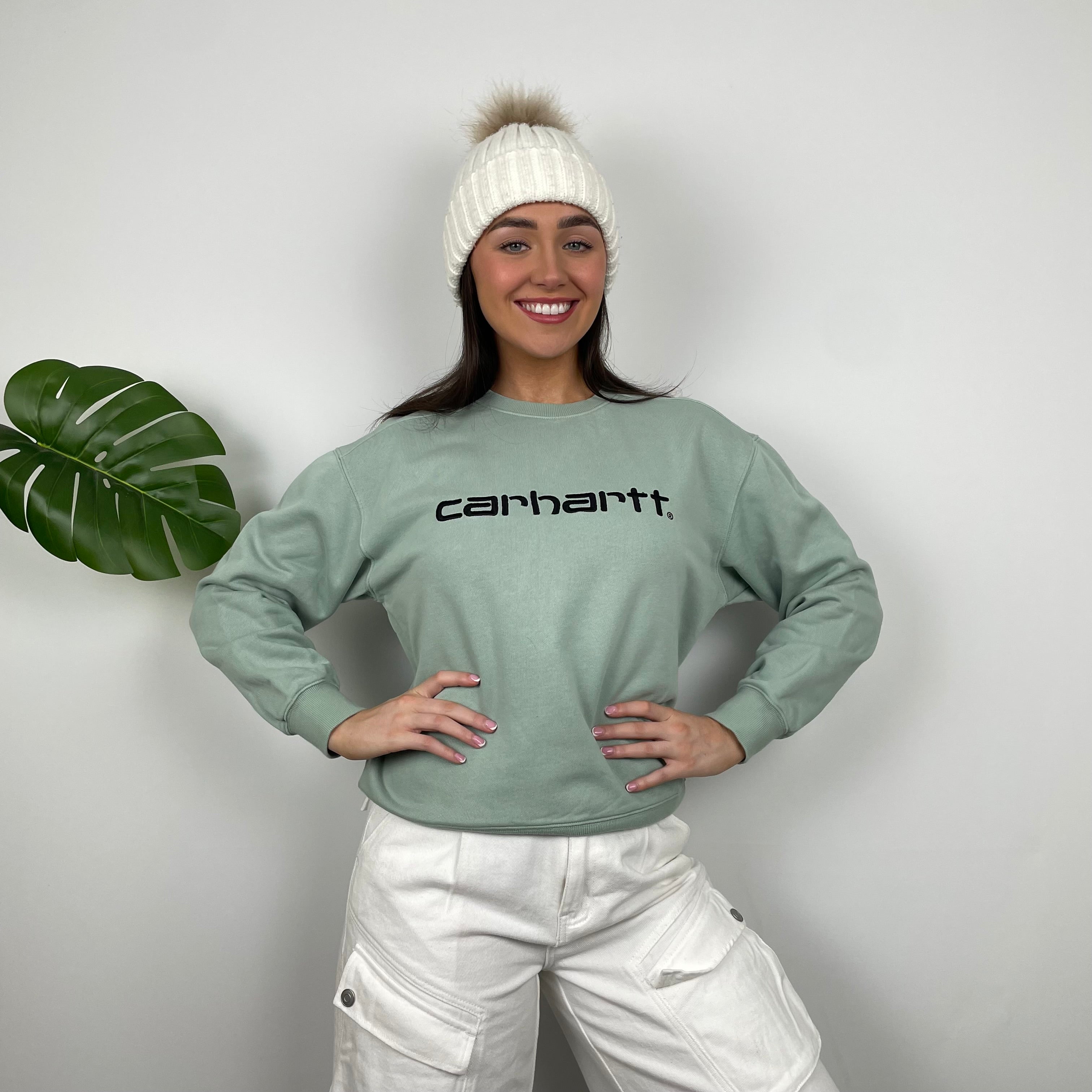 Carhartt RARE Mint Green Embroidered Spell Out Sweatshirt (XS)