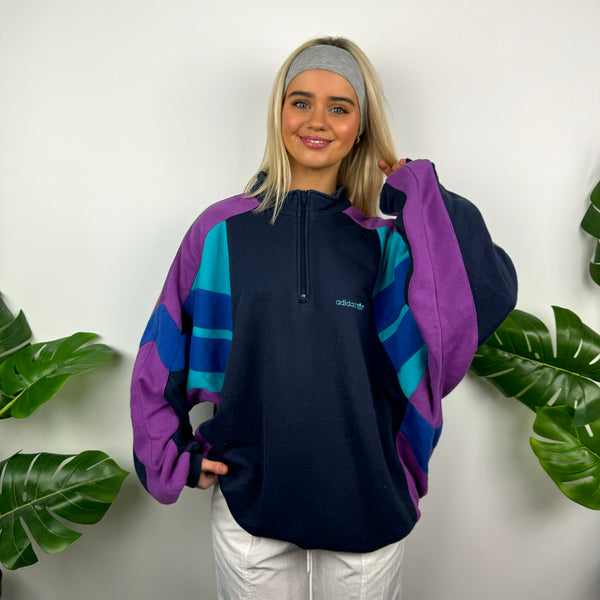 Adidas Colour Block Embroidered Spell Out Quarter Zip Sweatshirt (XL)