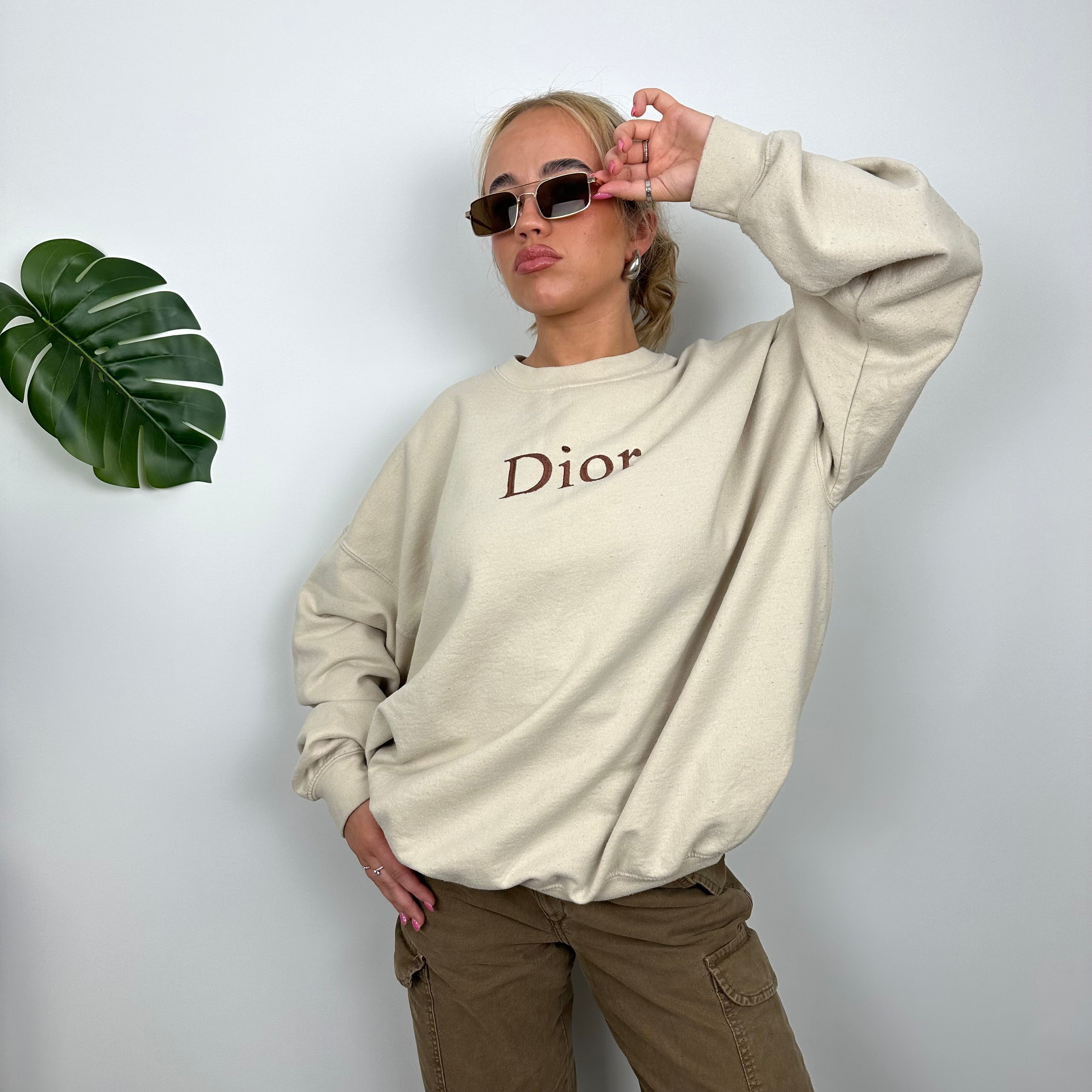 Christian Dior Bootleg Cream Embroidered Spell Out Sweatshirt (L)