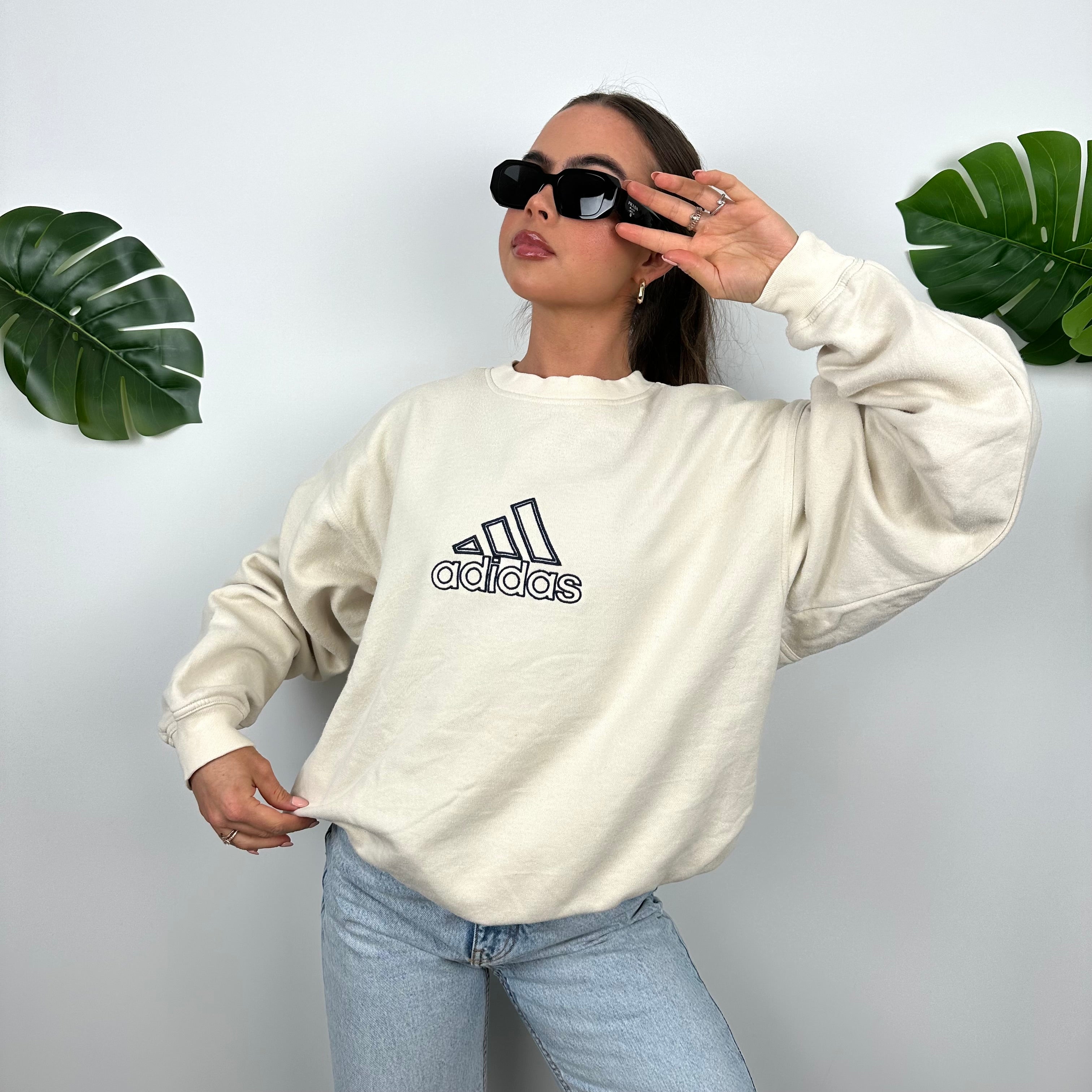 Adidas Cream Embroidered Spell Out Sweatshirt (XL)