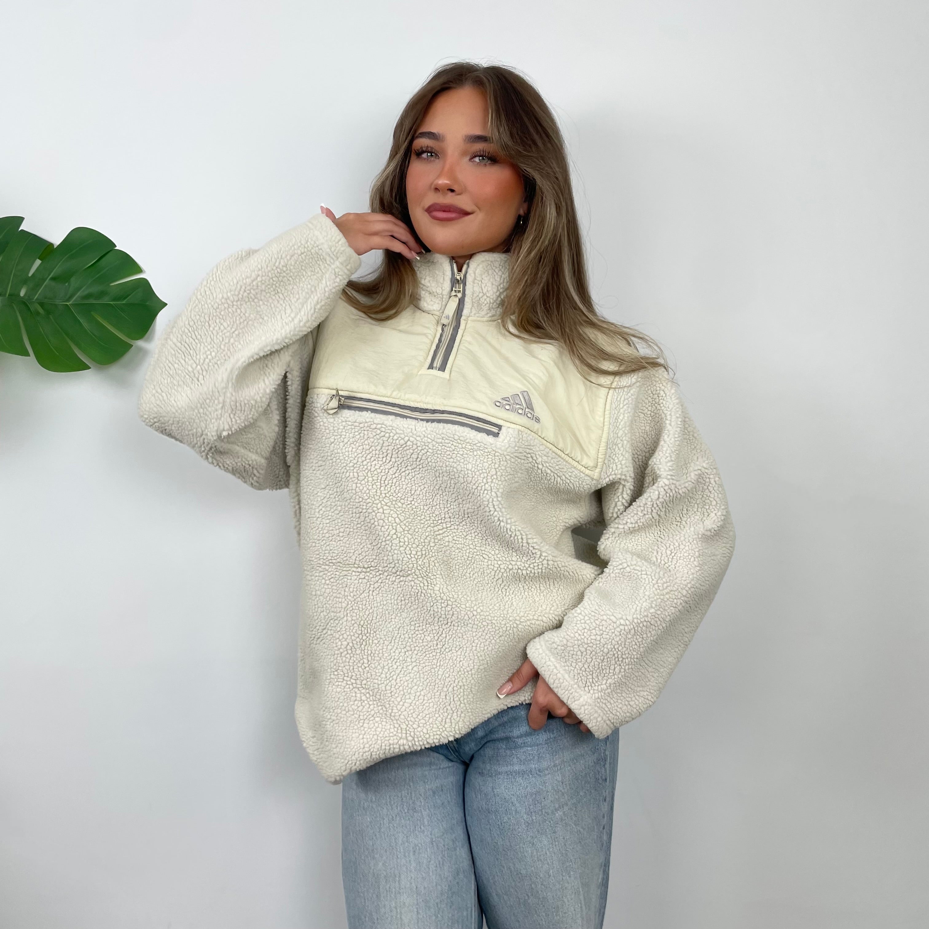 Adidas Cream Embroidered Spell Out Teddy Bear Sherpa Fleece Quarter Zip Sweatshirt (L)