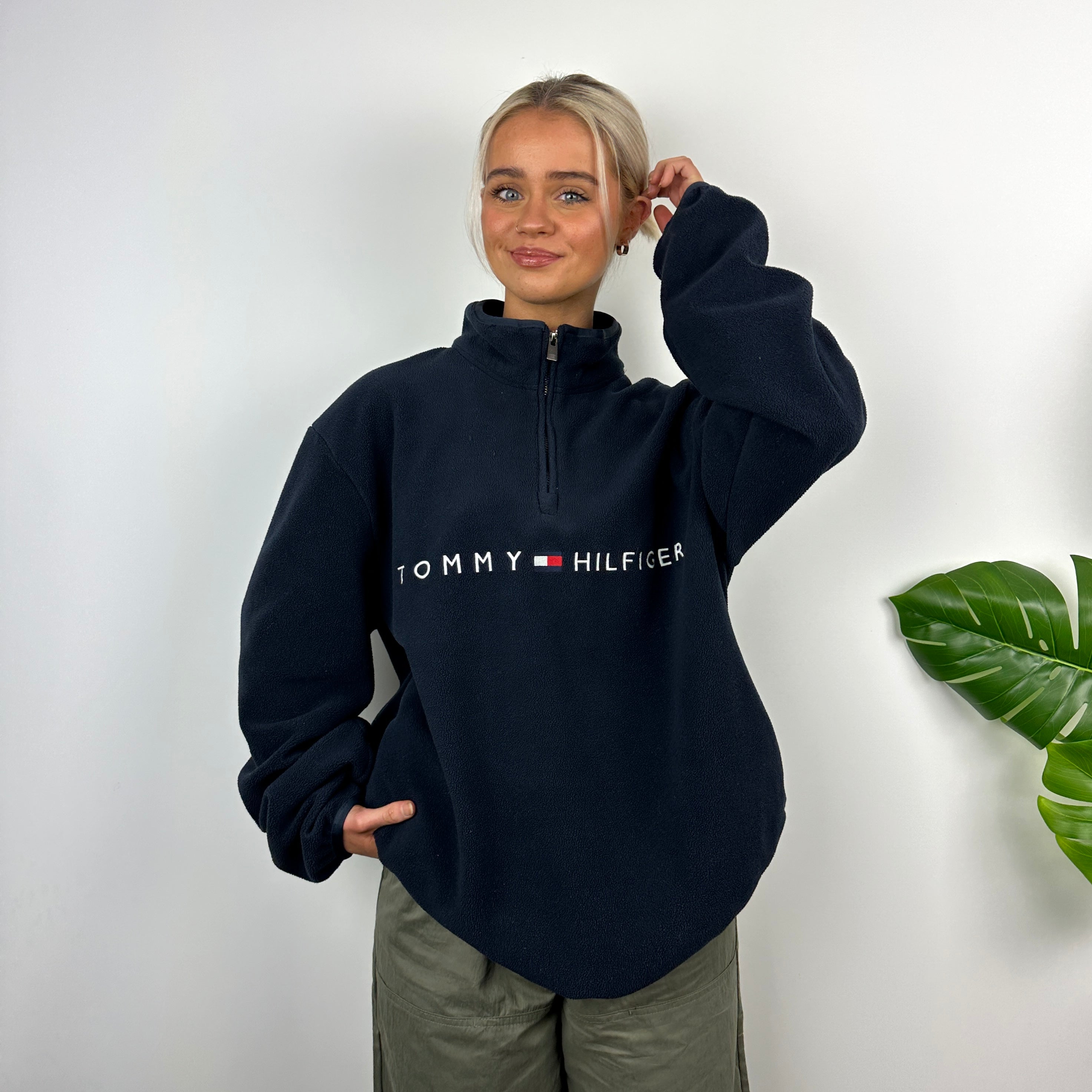 Tommy Hilfiger Navy Embroidered Spell Out Teddy Bear Fleece Quarter Zip Sweatshirt (L)