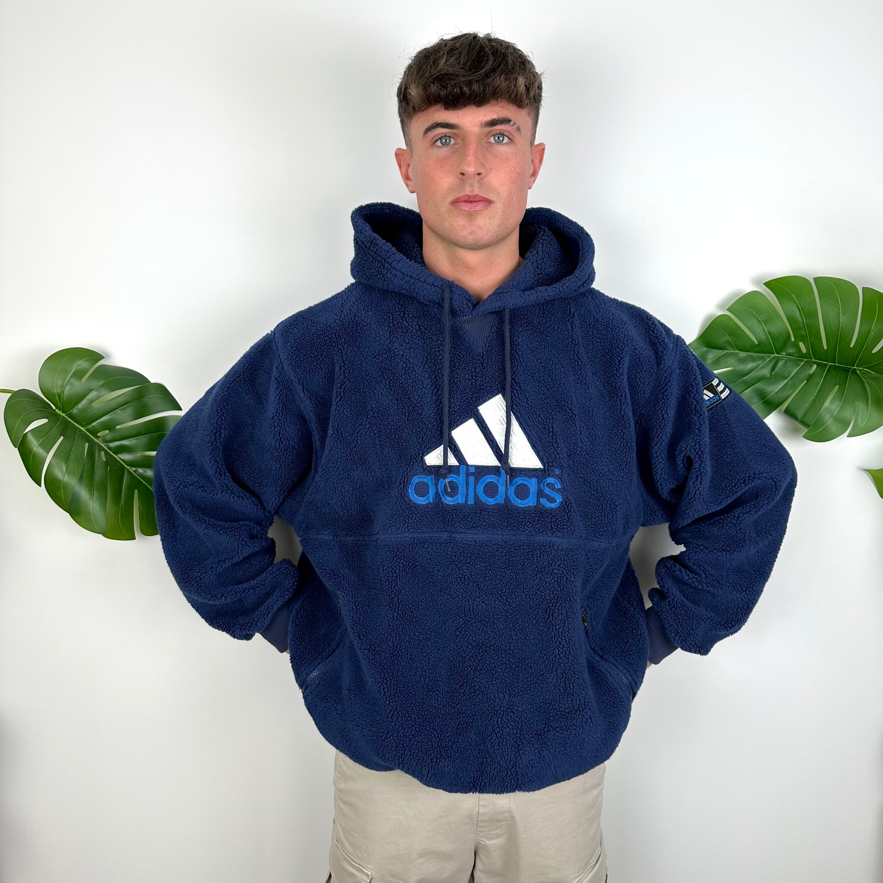 Adidas RARE Navy Embroidered Spell Out Teddy Bear Sherpa Fleece Hoodie (L)