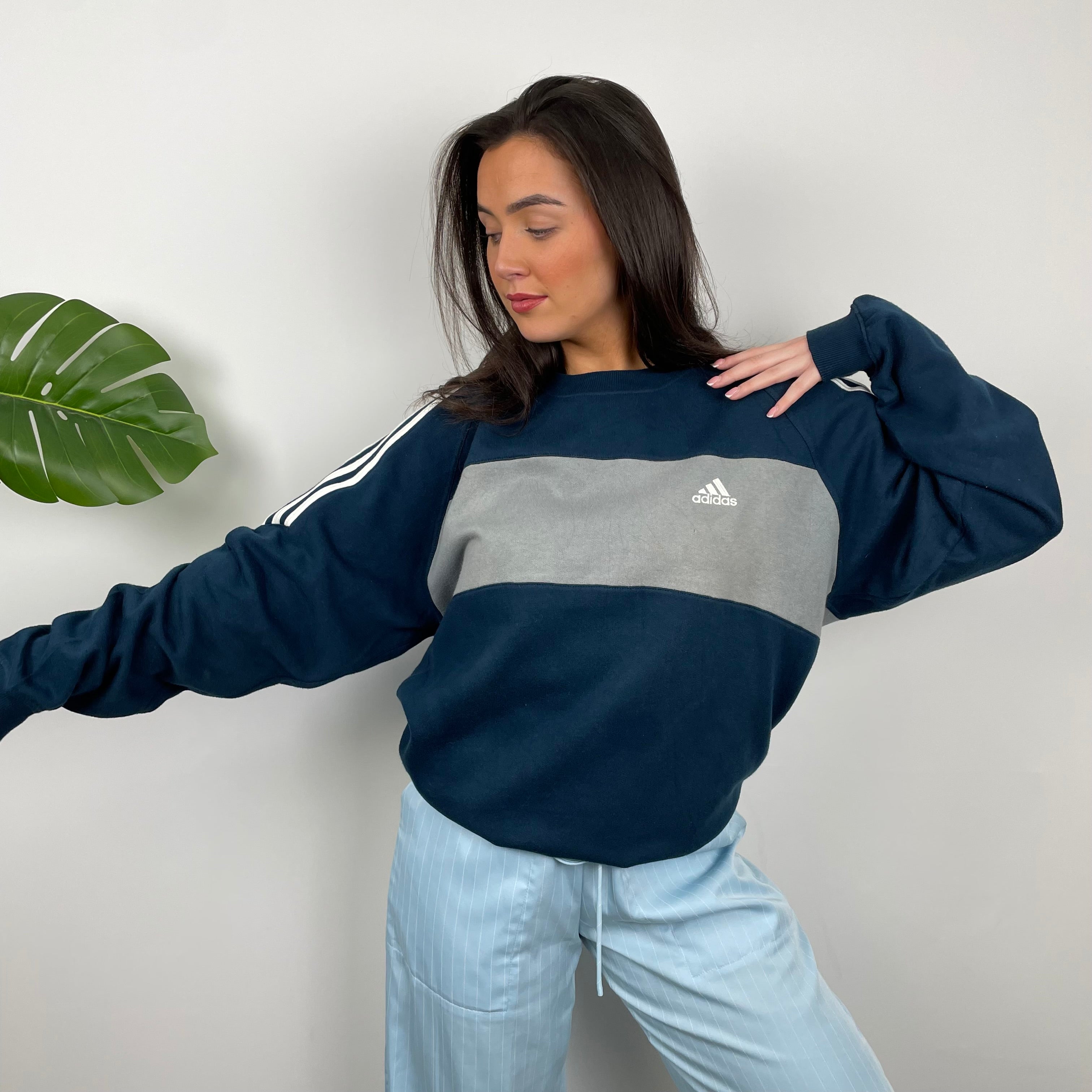 Adidas Grey & Navy Embroidered Spell Out Sweatshirt (L)