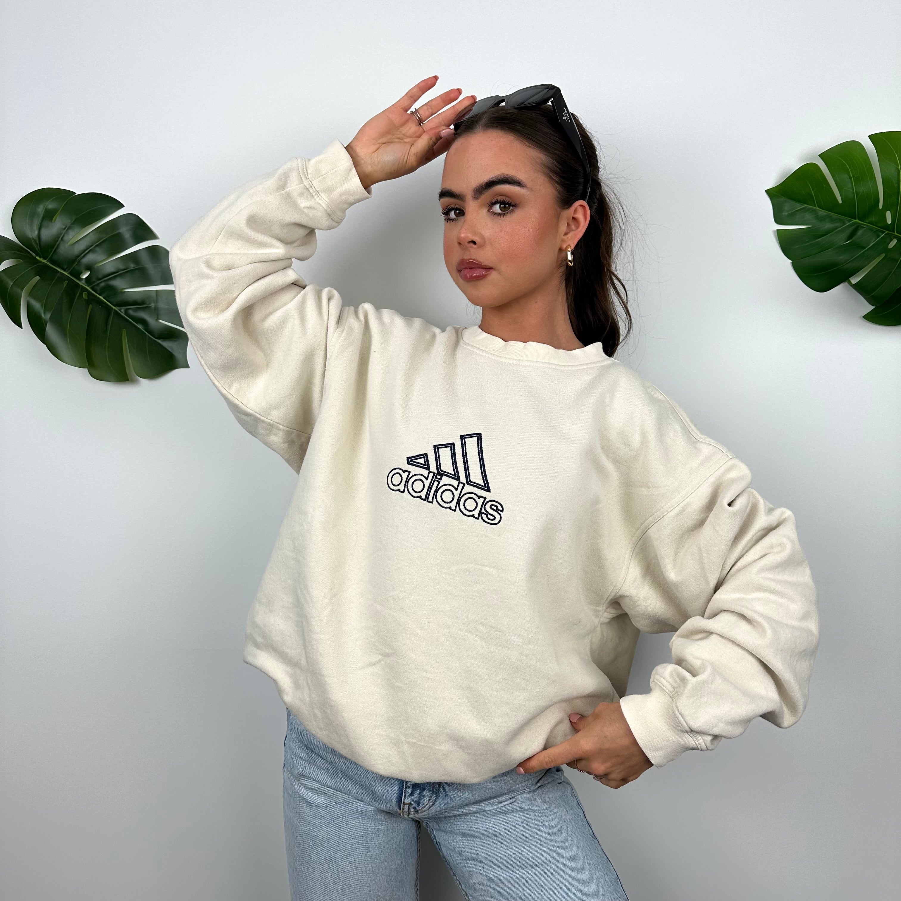 Adidas Cream Embroidered Spell Out Sweatshirt (XL)