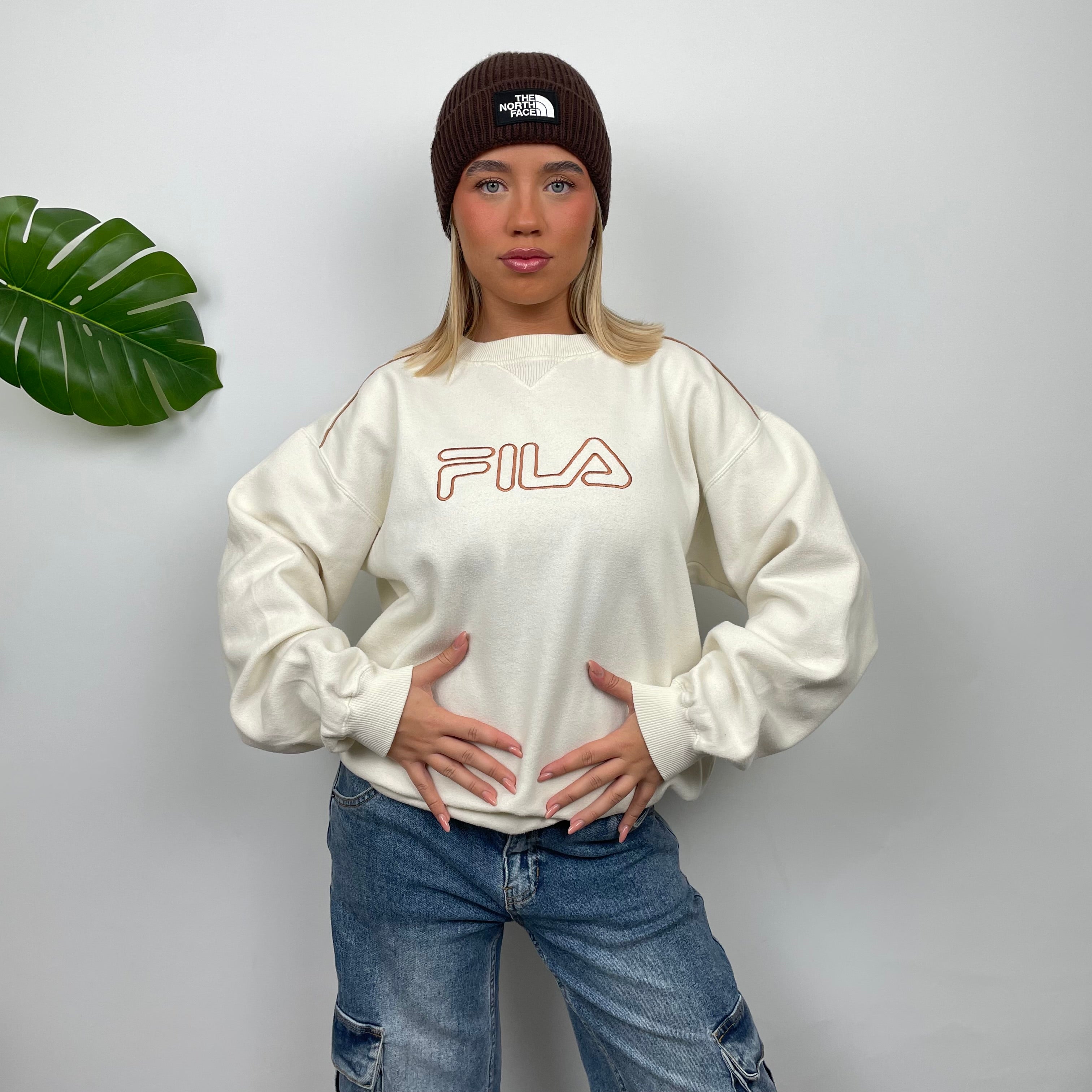 FILA Cream Embroidered Spell Out Sweatshirt (L)