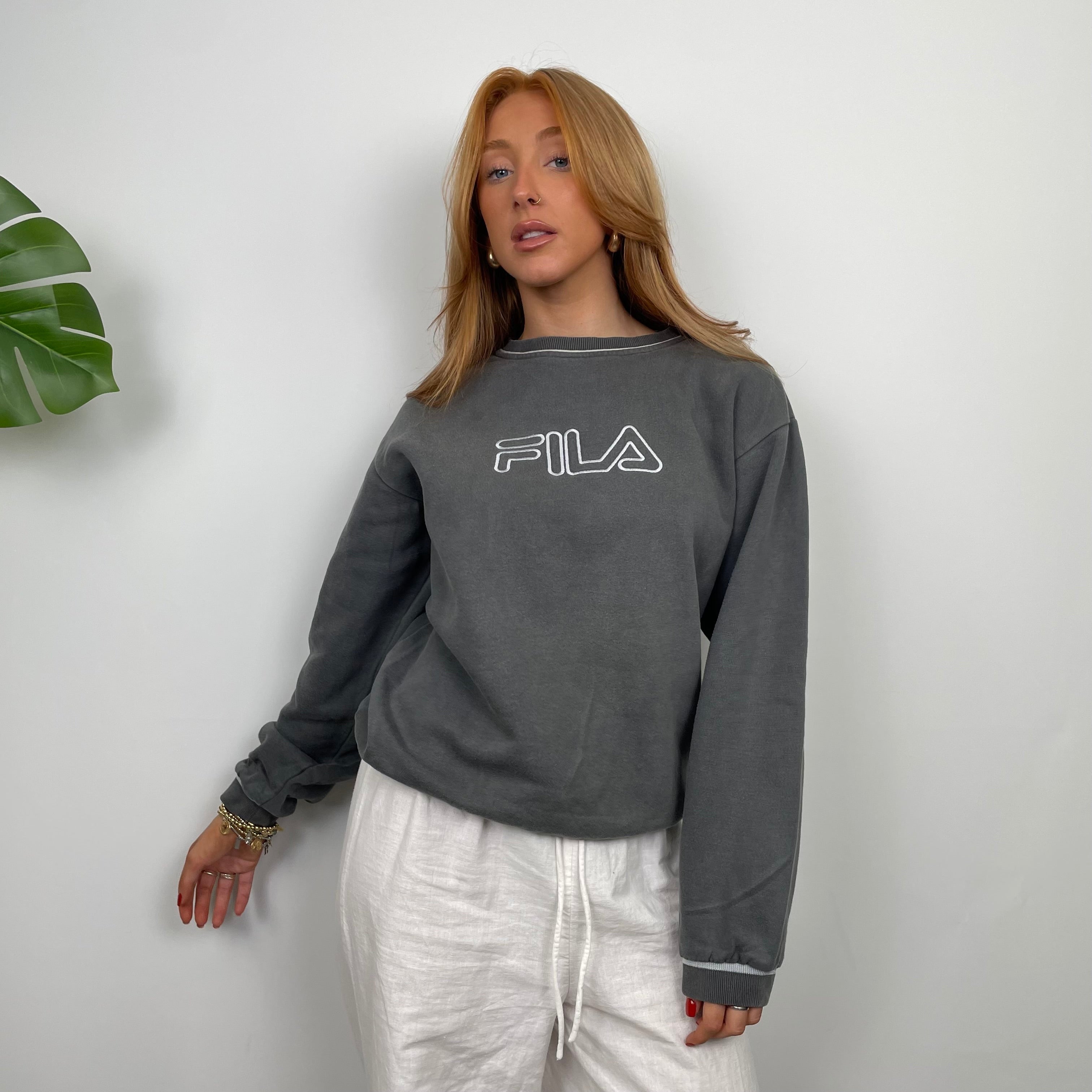 FILA Grey Embroidered Spell Out Sweatshirt S Jamie Online Vintage