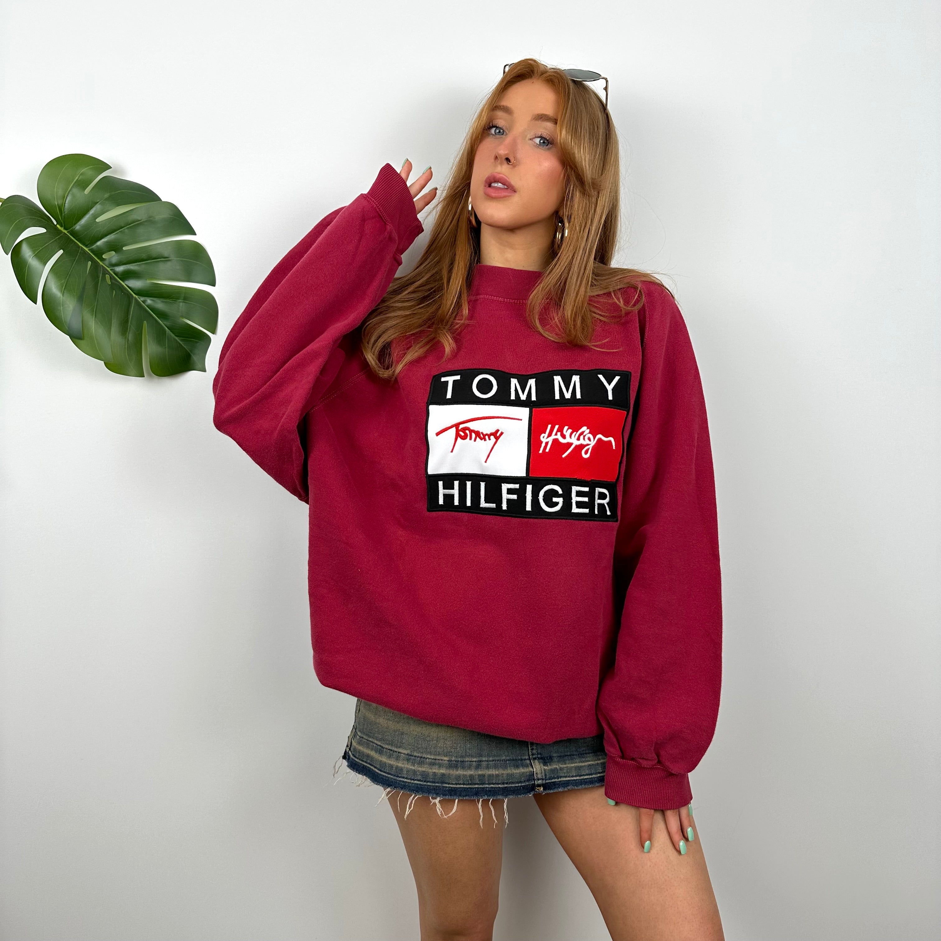 Tommy Hilfiger RARE Red Embroidered Spell Out Sweatshirt (XL)