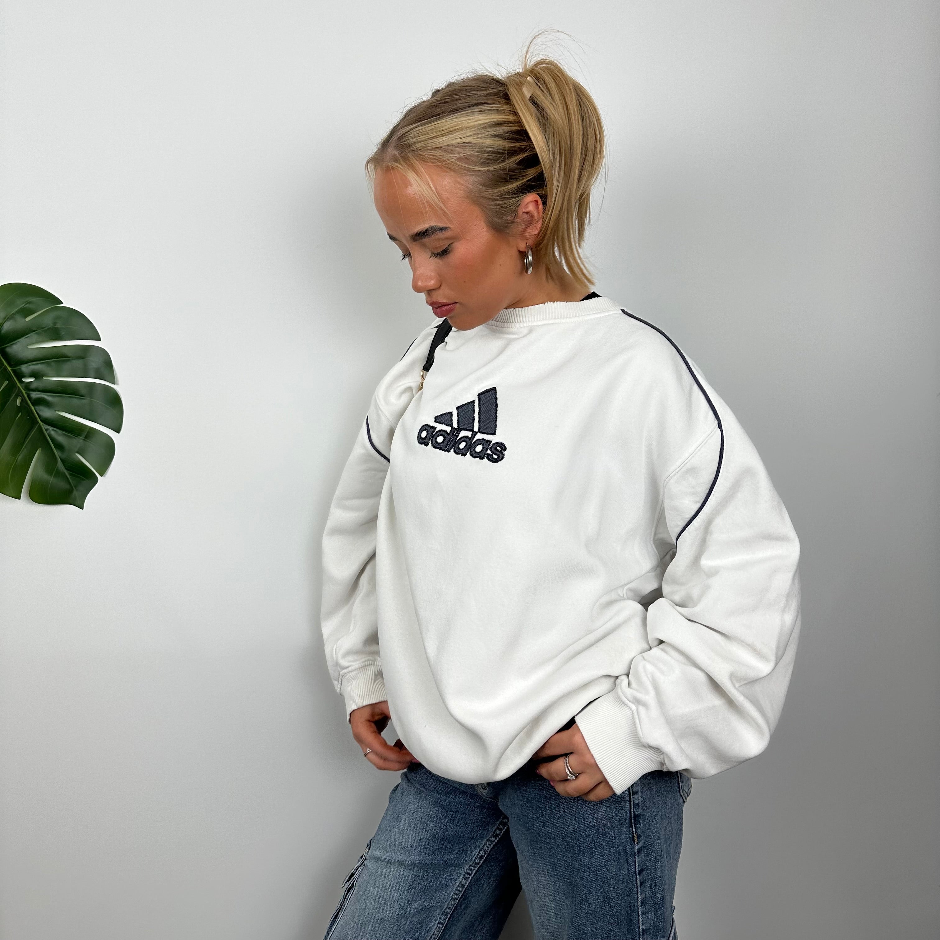 Adidas White Embroidered Spell Out Sweatshirt (L)