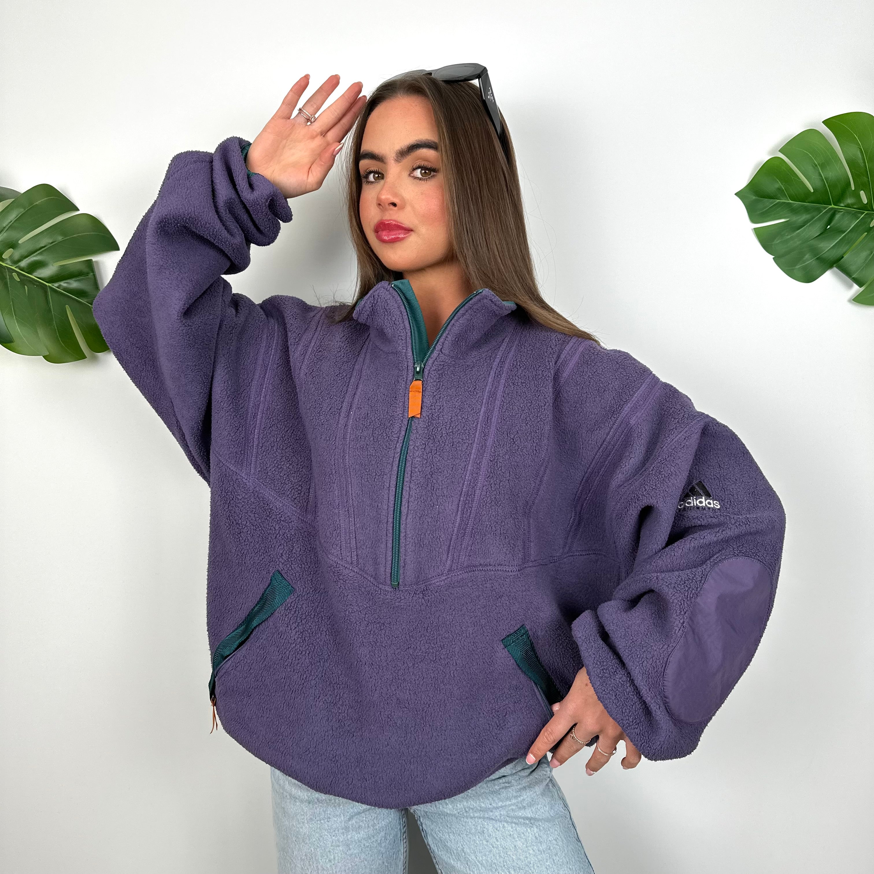 Adidas Equipment Purple Embroidered Spell Out Teddy Bear Fleece Quarter Zip Sweatshirt (L)