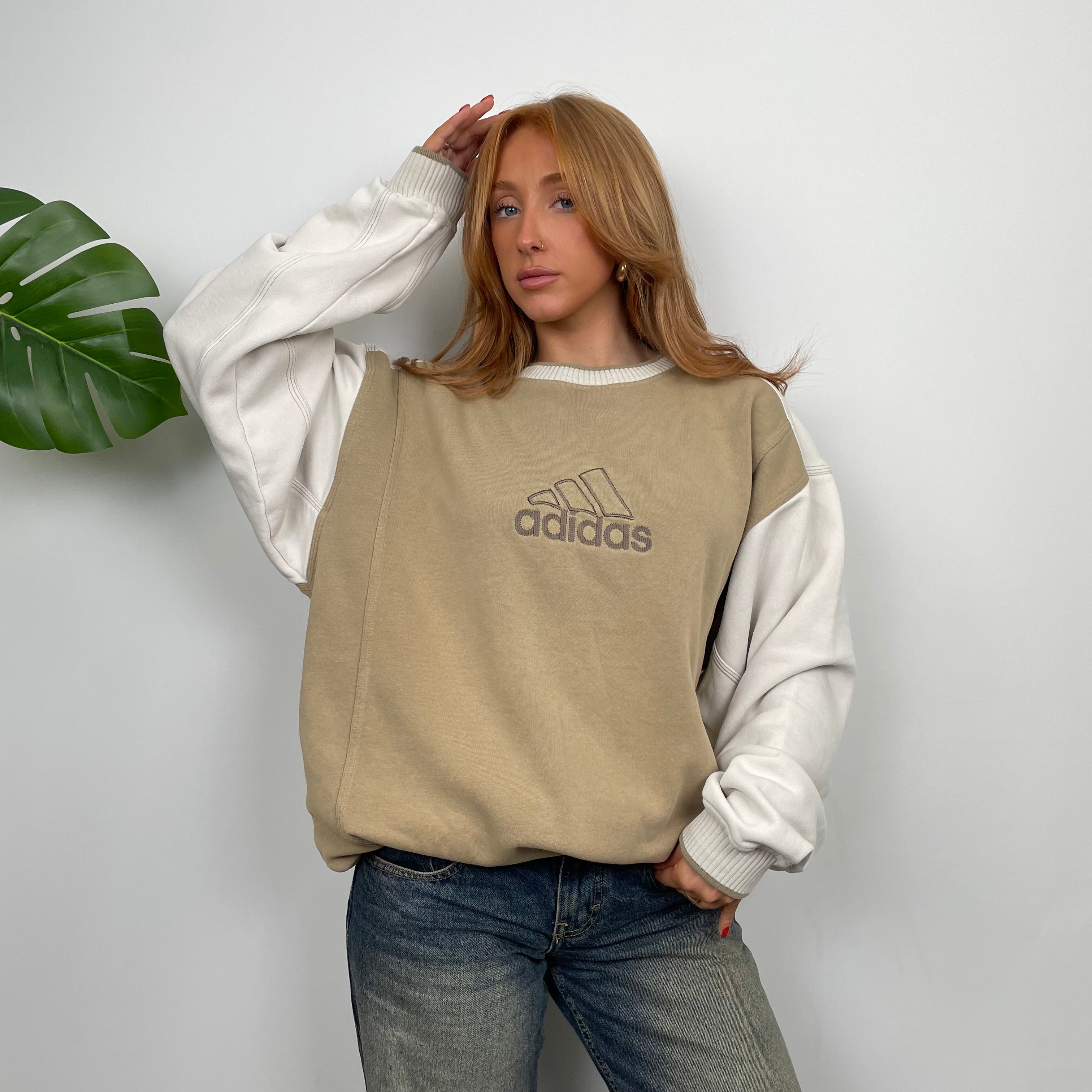 Adidas Cream and Tan Brown Embroidered Spell Out Sweatshirt (M)