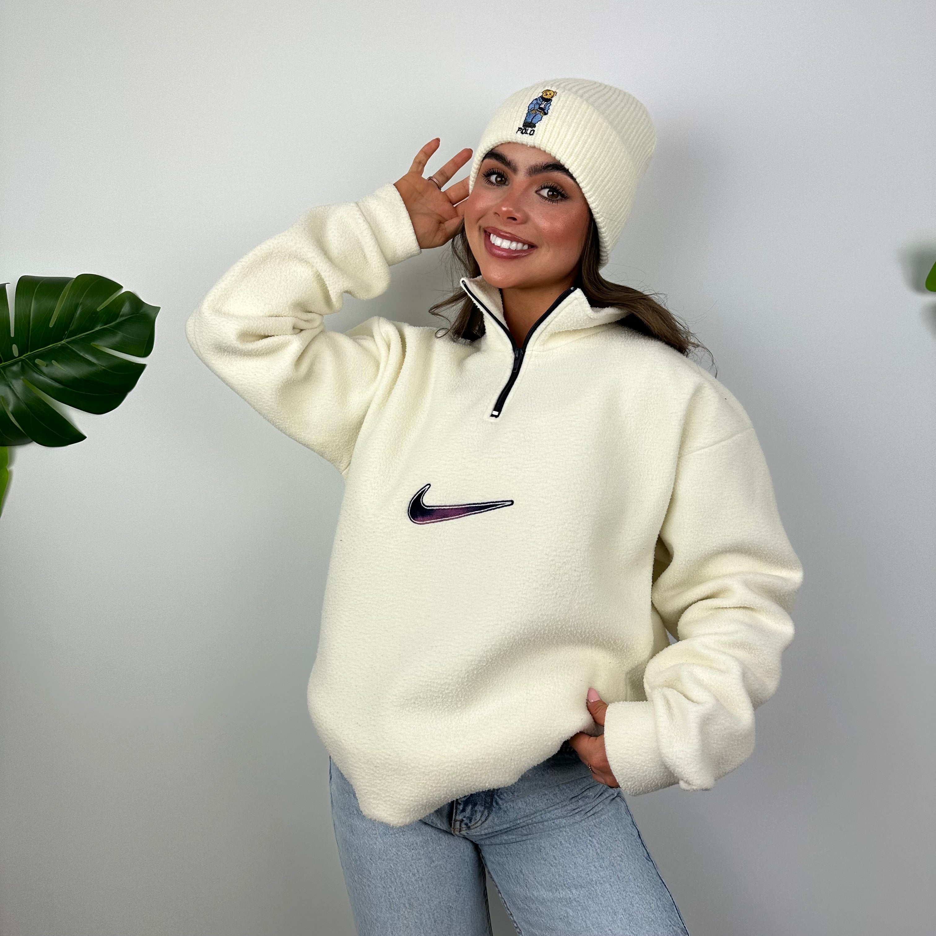 Nike Cream Embroidered Swoosh Teddy Bear Fleece Quarter Zip Sweatshirt (L)