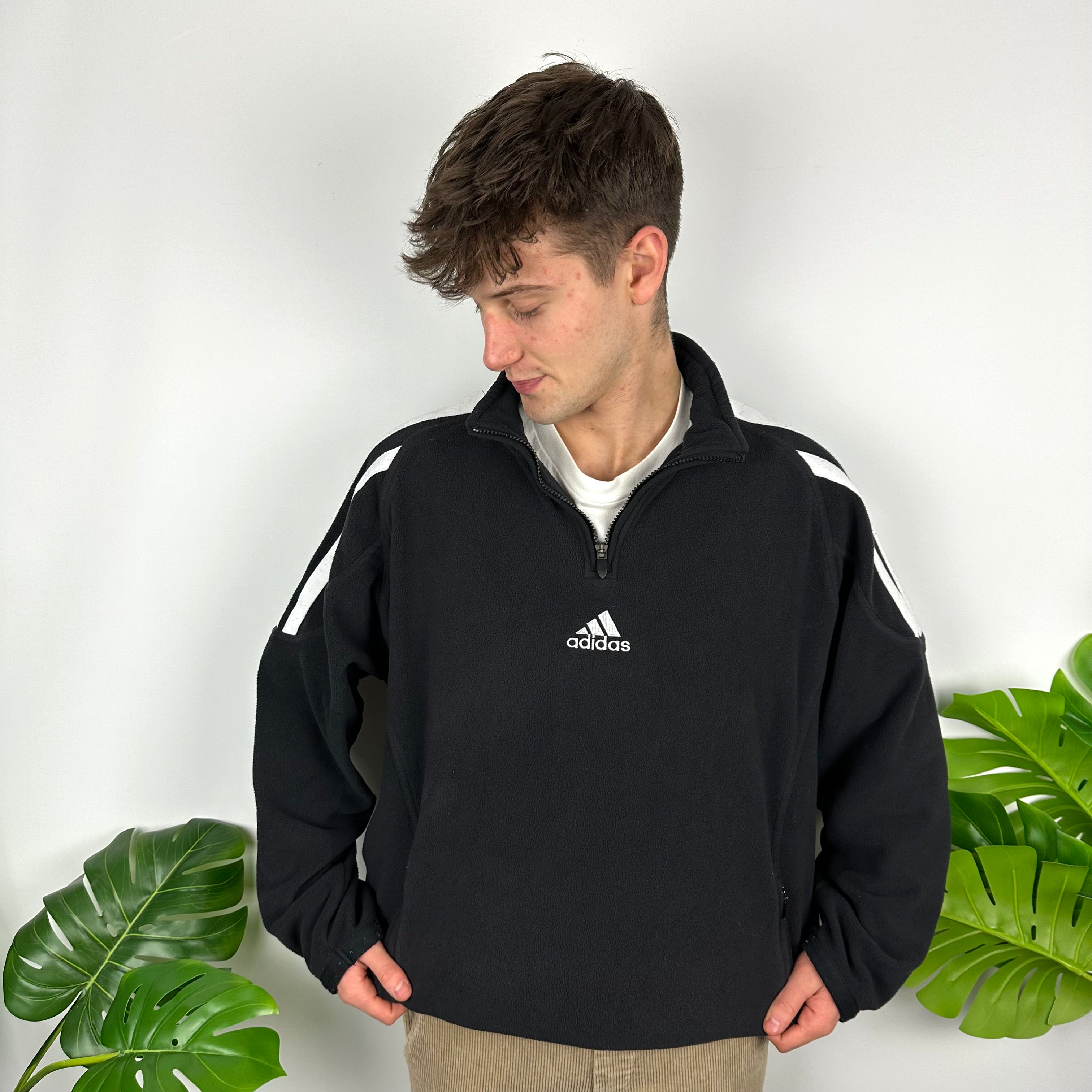 Adidas Black Embroidered Spell Out Teddy Bear Fleece Quarter Zip Sweatshirt (XL)