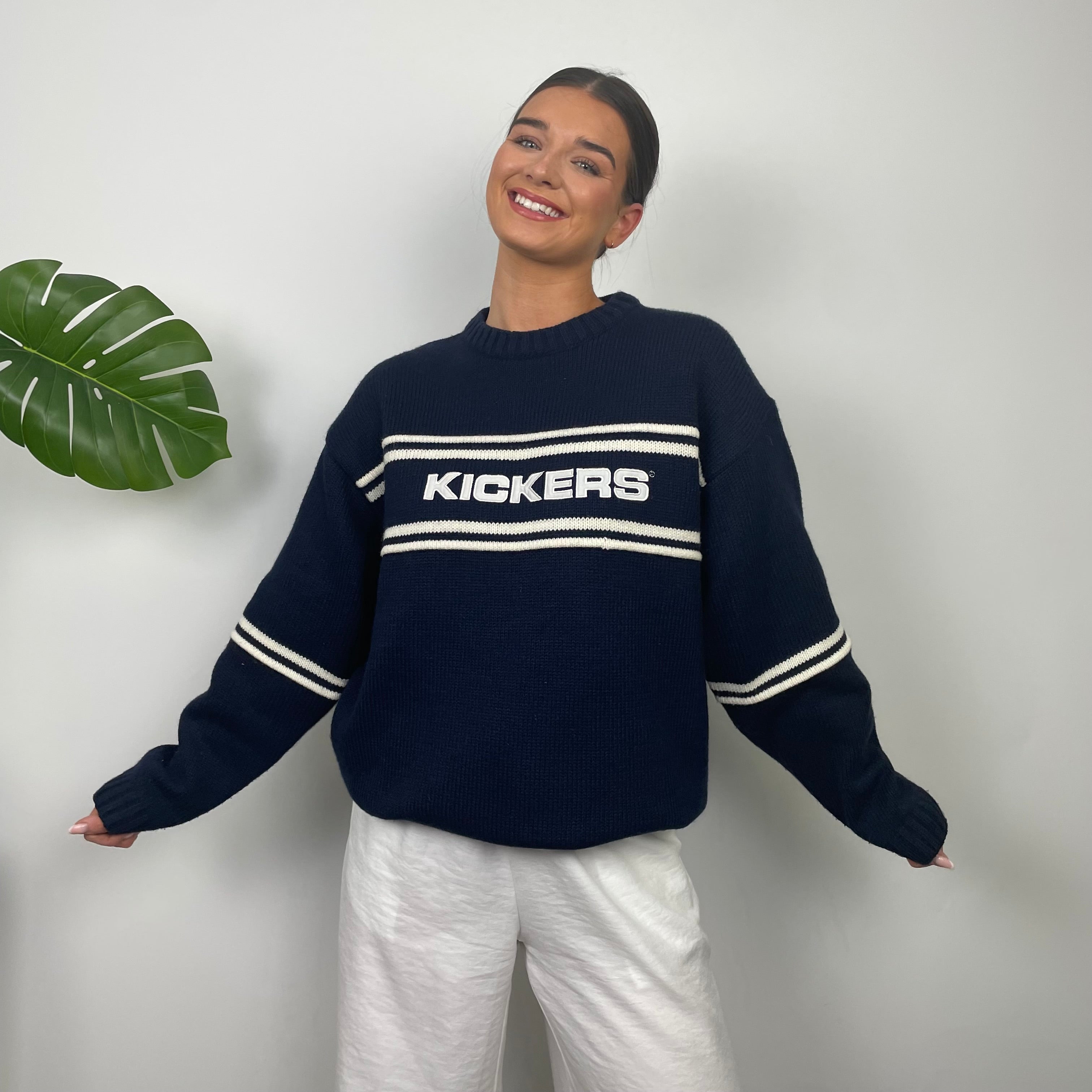 Kickers RARE Navy & Cream Embroidered Spell Out Knitted Sweater (L)