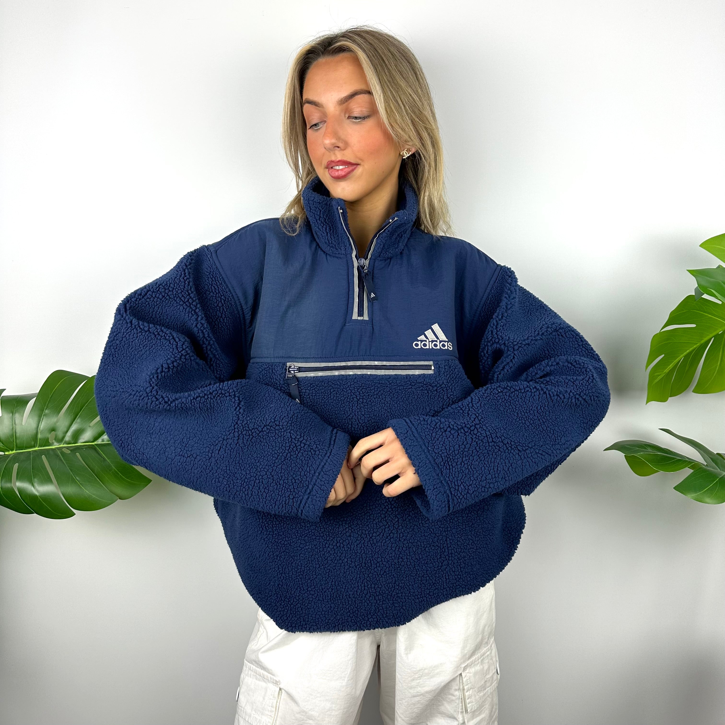 Adidas Navy Embroidered Spell Out Teddy Bear Sherpa Fleece Quarter Zip Sweatshirt (XL)
