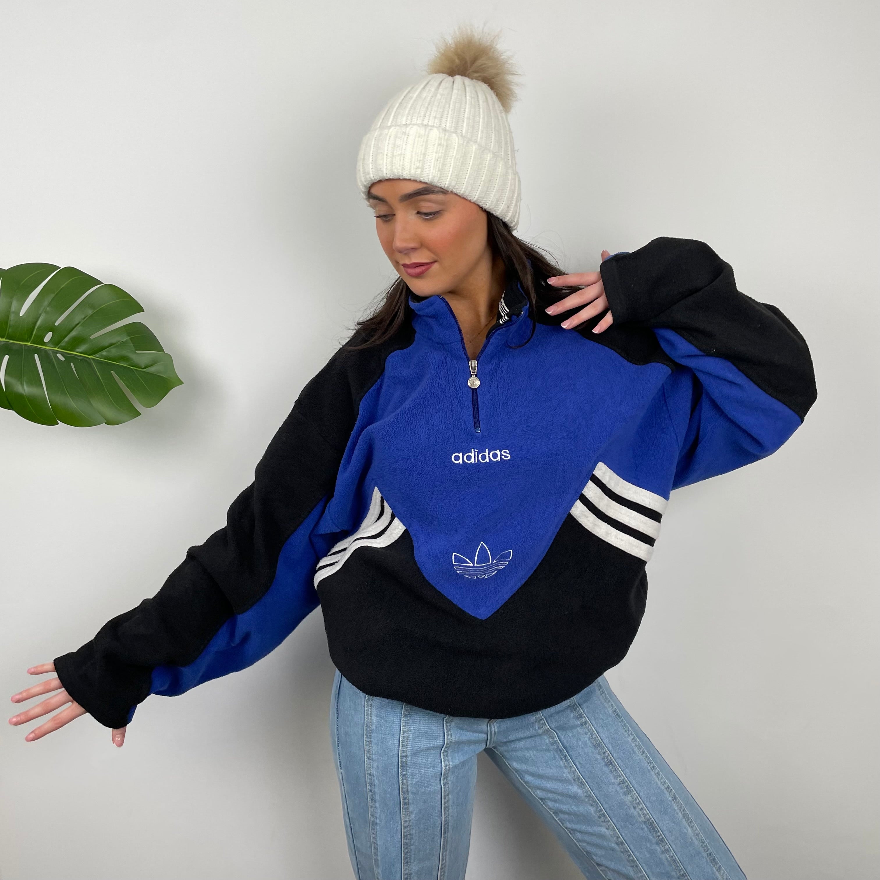 Adidas Blue Colour Block Embroidered Spell Out Teddy Bear Fleece Quarter Zip Sweatshirt (M)
