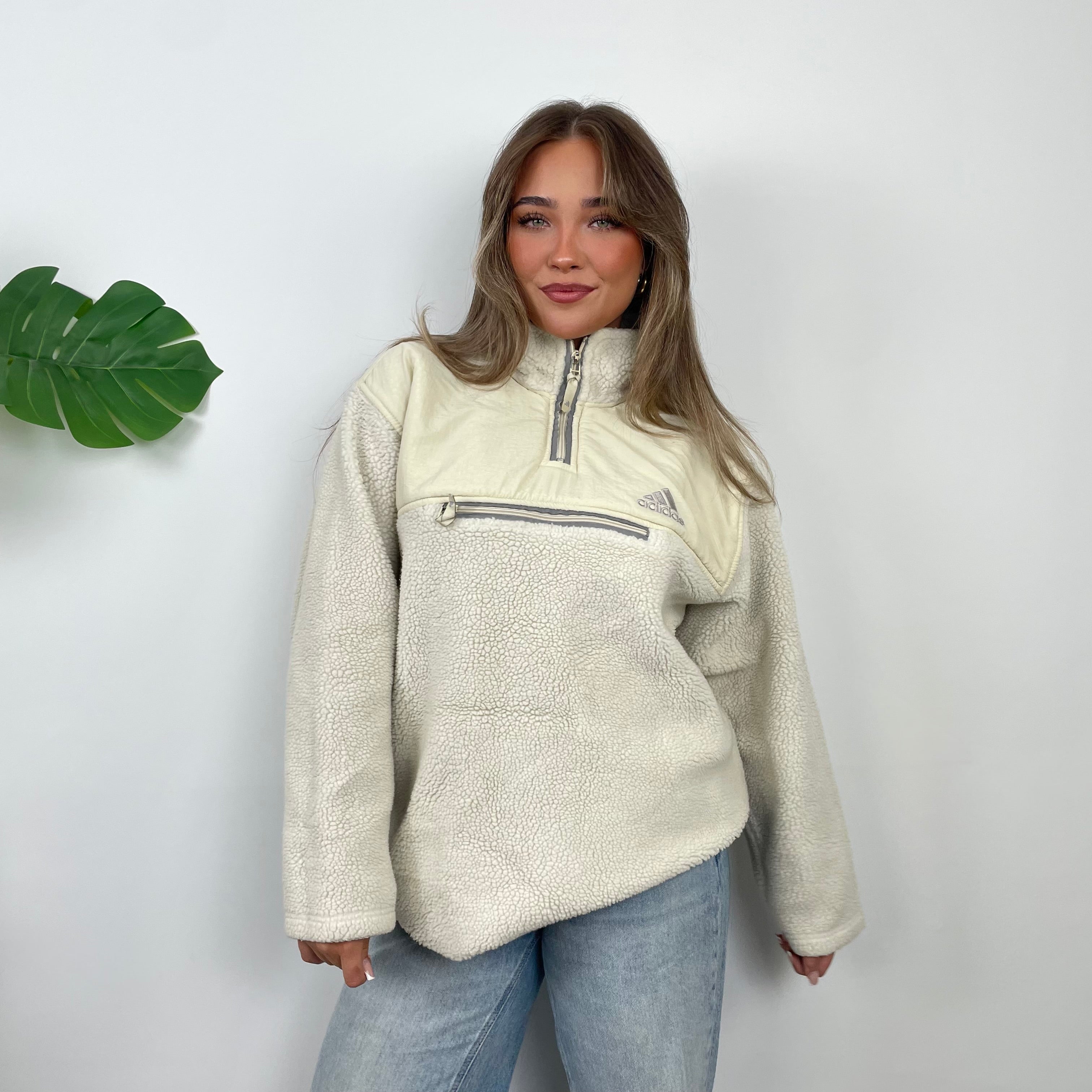 Adidas Cream Embroidered Spell Out Teddy Bear Sherpa Fleece Quarter Zip Sweatshirt (L)