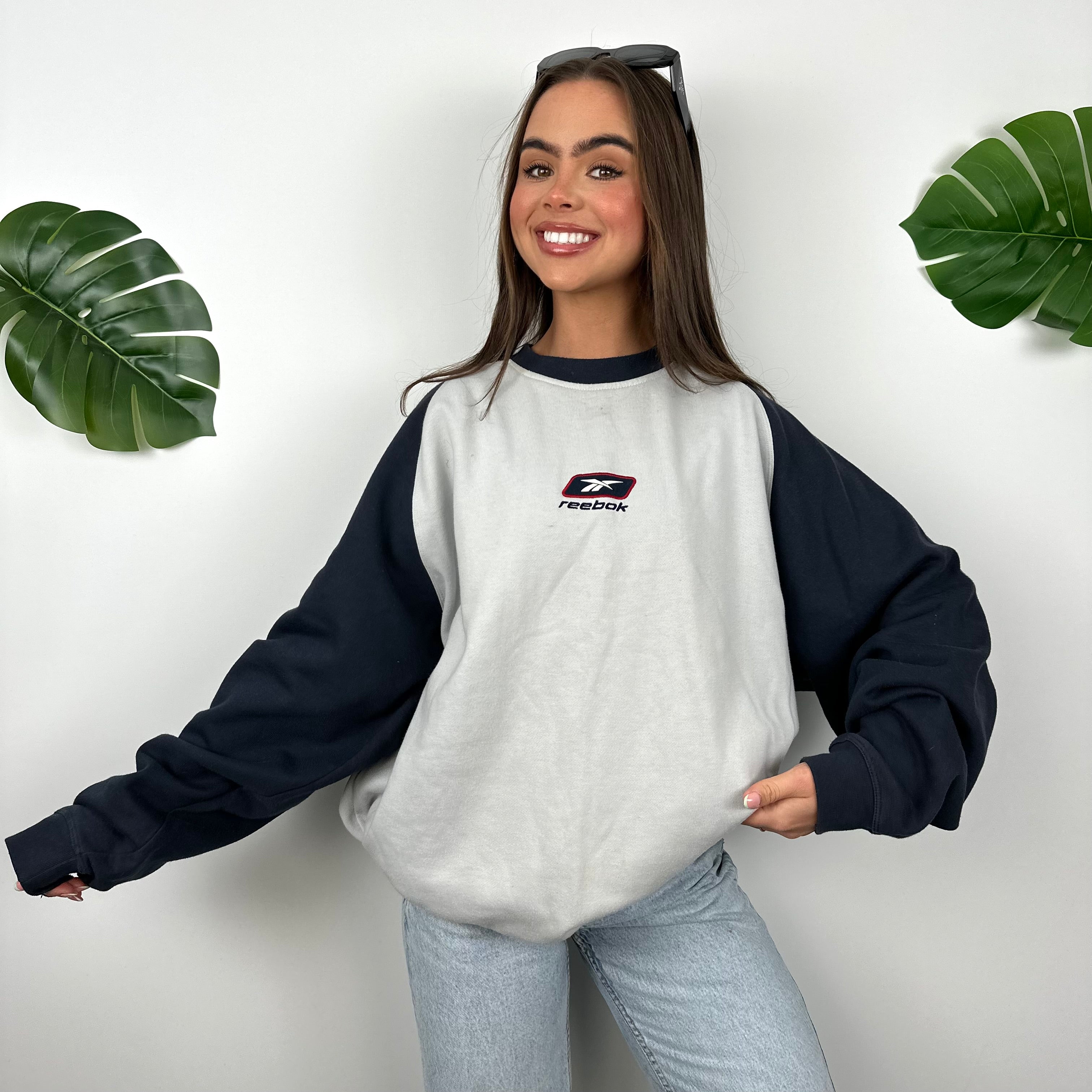 Reebok Grey & Navy Embroidered Spell Out Sweatshirt (L)