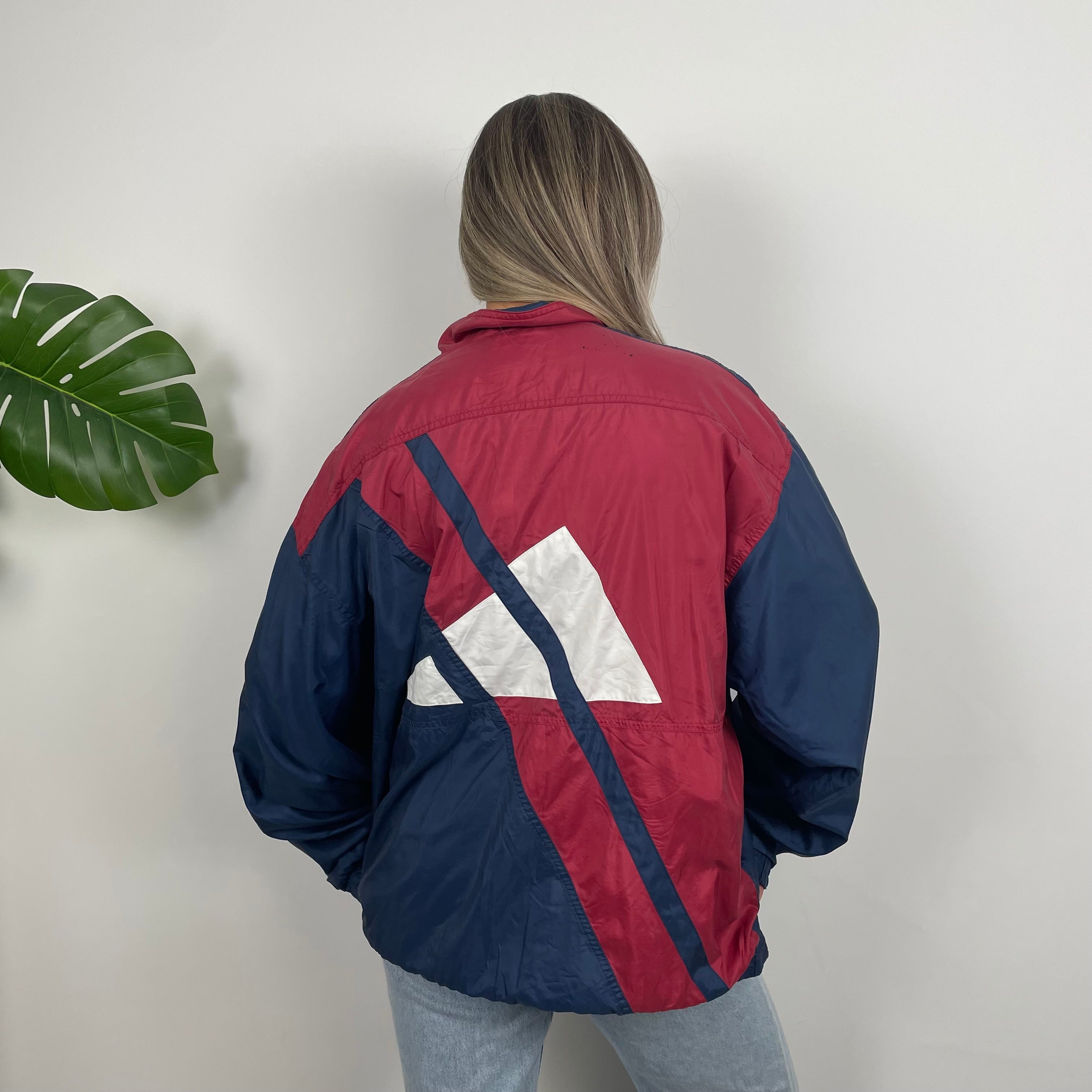 Adidas Navy & Red Colour Block Embroidered Spell Out Windbreaker Jacket (XL)