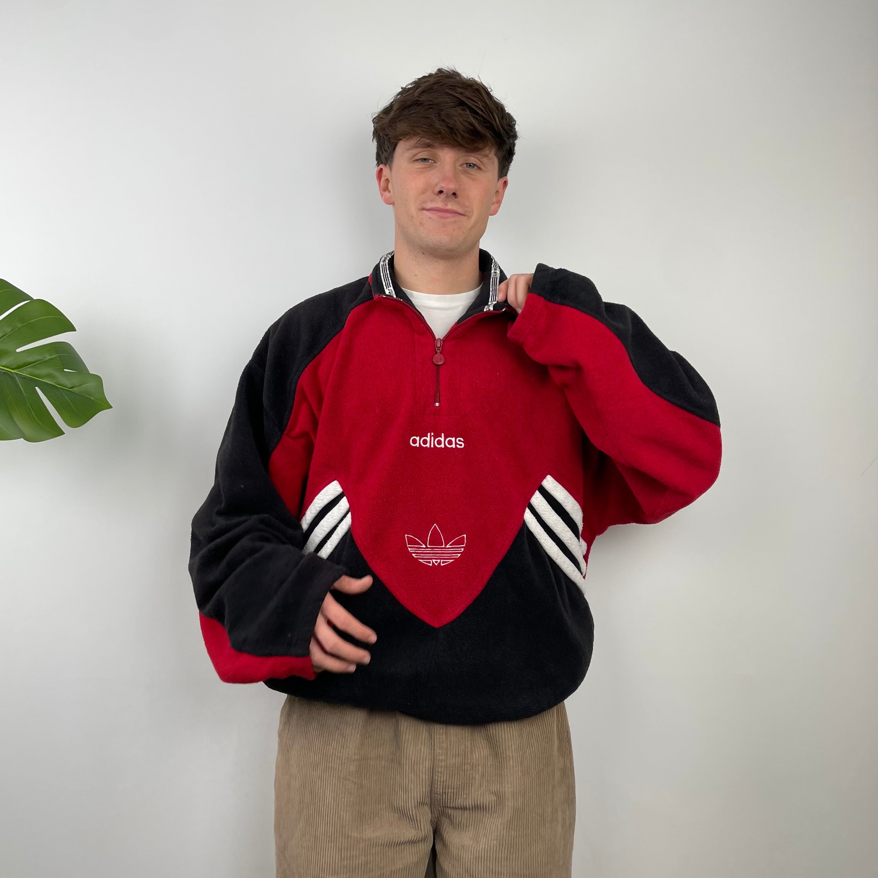 Adidas Red Colour Block Embroidered Spell Out Teddy Bear Fleece Quarter Zip Sweatshirt (L)