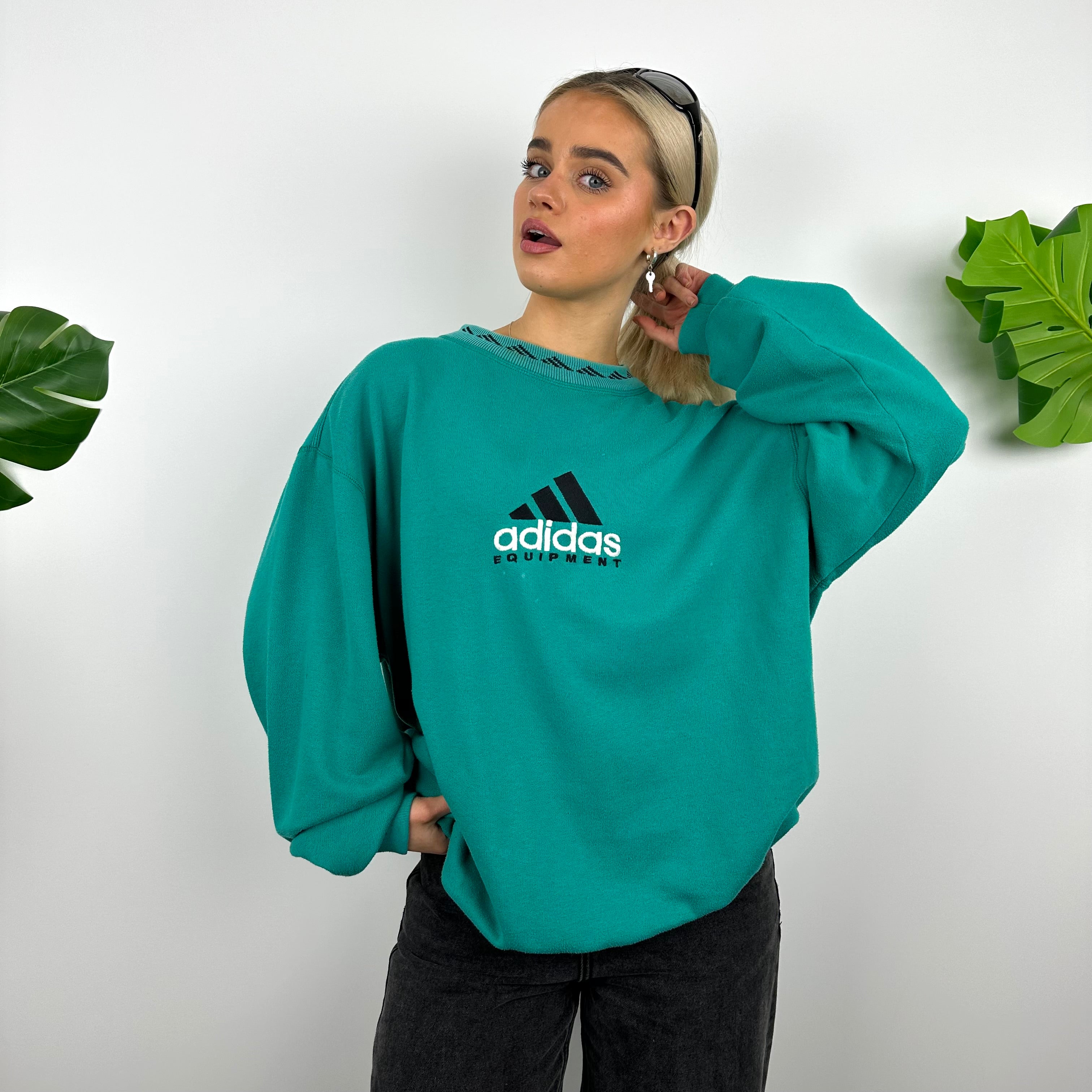 Adidas Equipment RARE Turquoise Blue Embroidered Spell Out Sweatshirt (M)