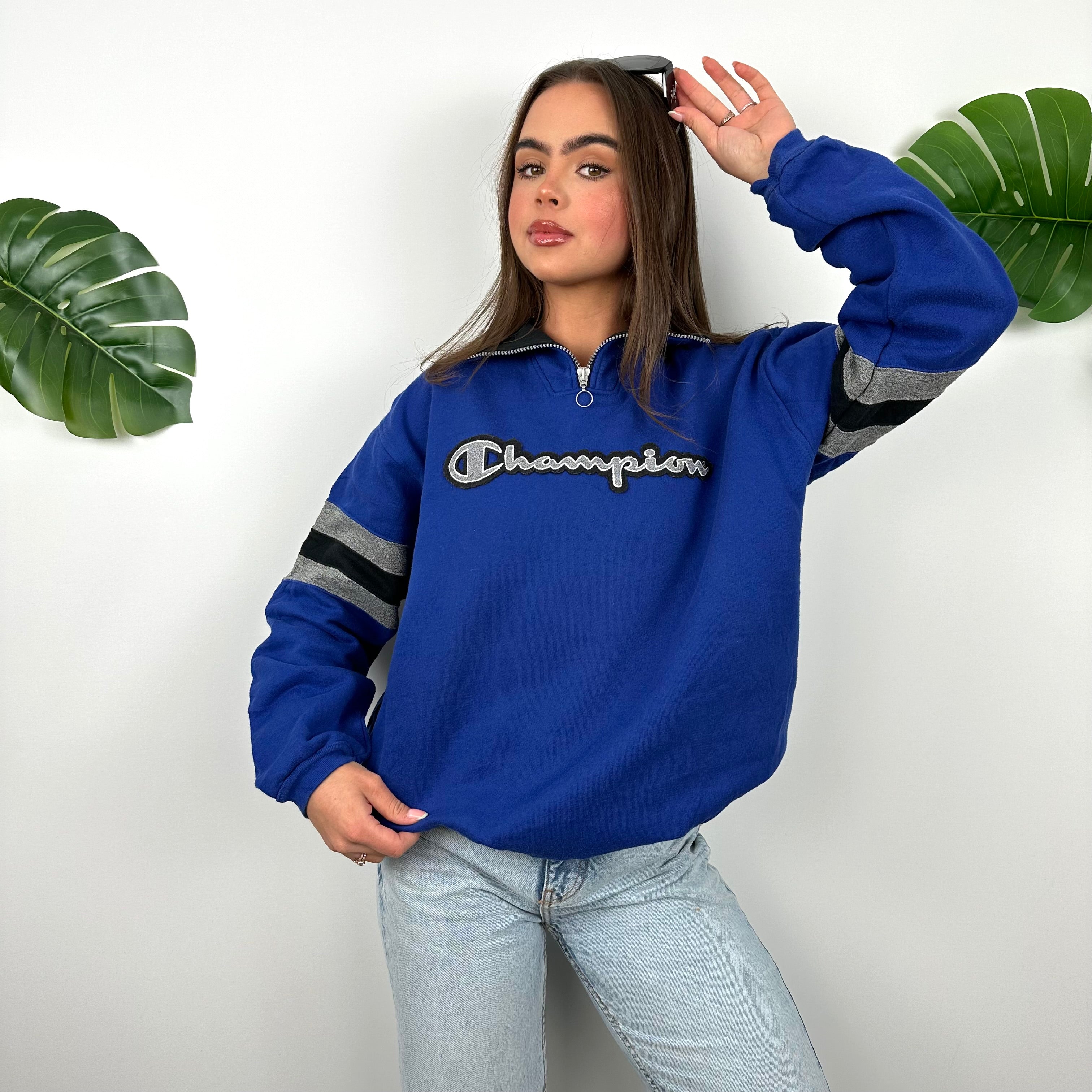 Champion Blue Embroidered Spell Out Quarter Zip Sweatshirt (S)