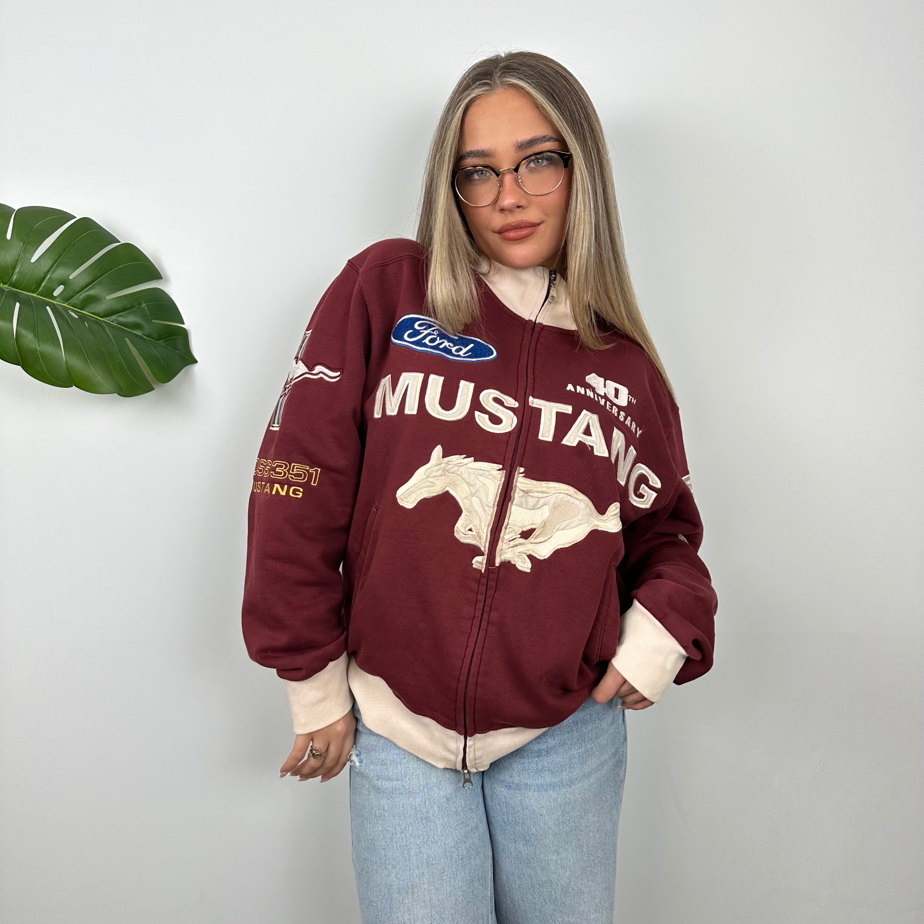 Ford Mustang Racing Maroon Embroidered Spell Out Zip Up Jacket (M)