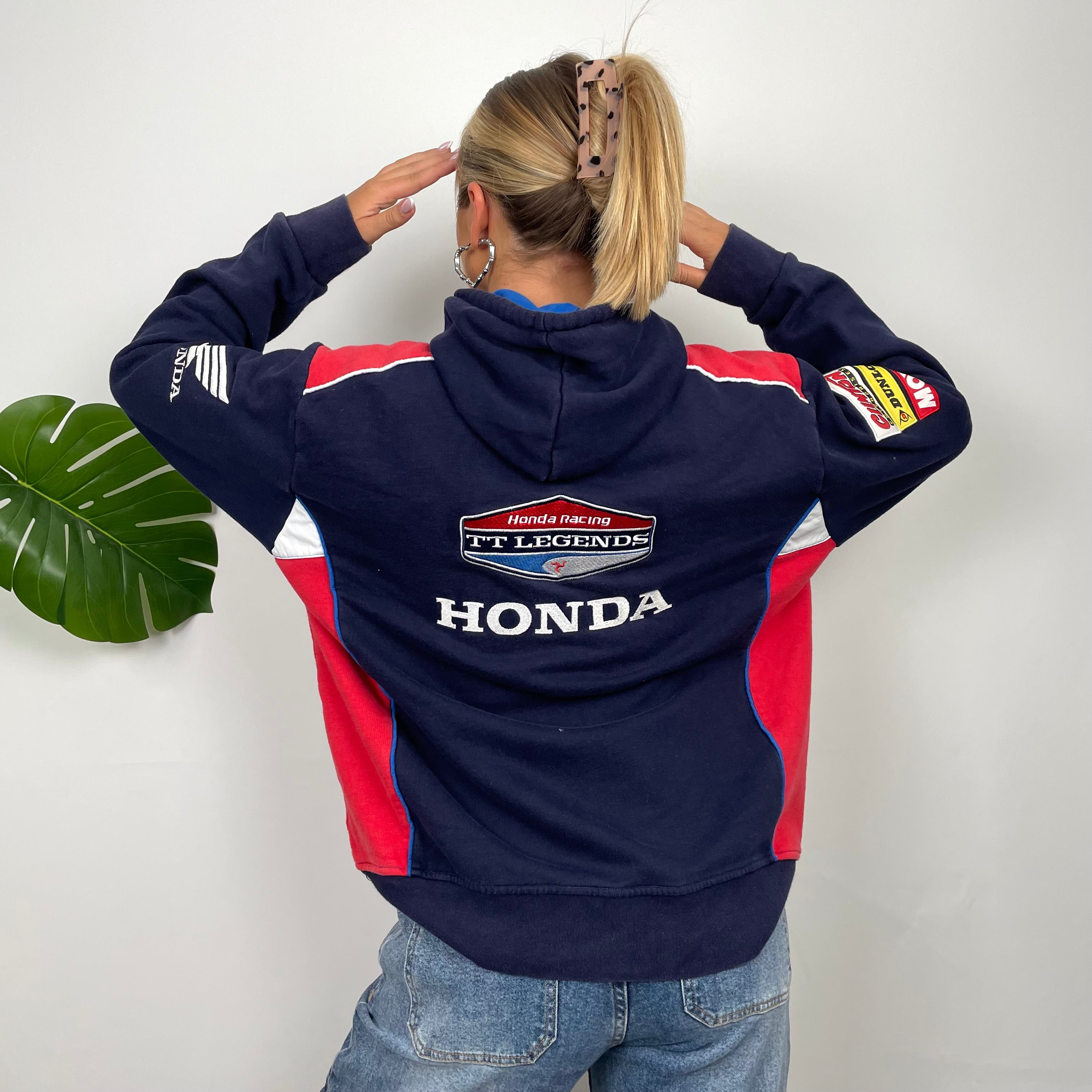 Honda Racing Red Embroidered Spell Out Zip Up Hoodie Jacket (M)