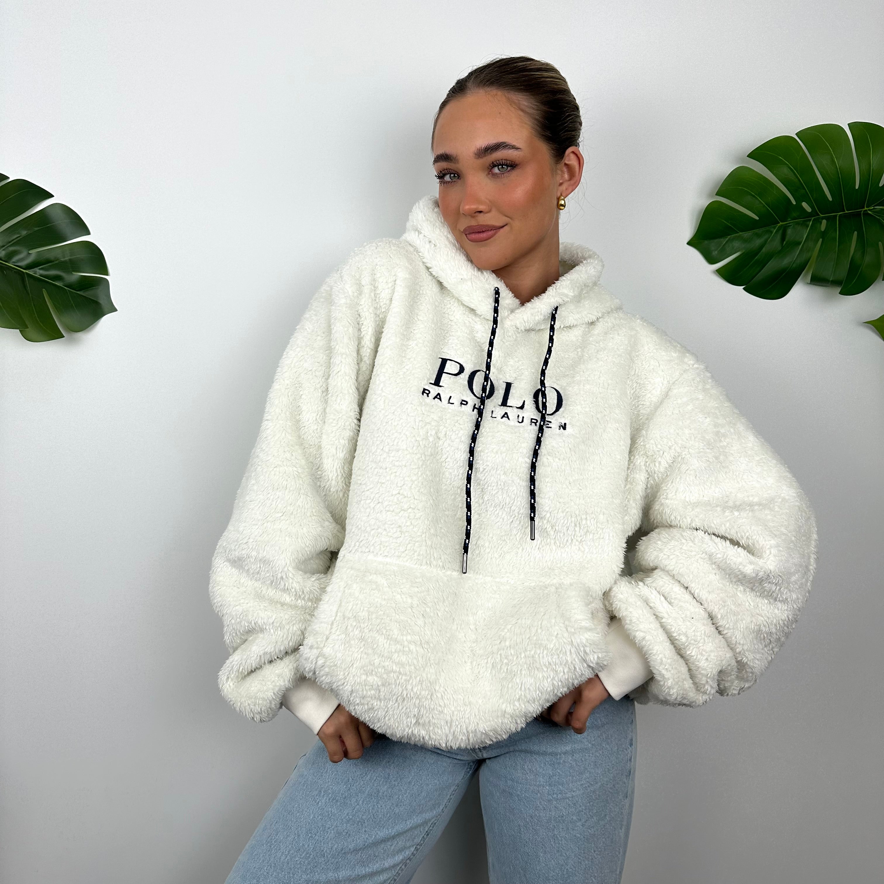 Polo Ralph Lauren White Embroidered Spell Out Teddy Bear Fleece Hoodie as worn by Danielle Collins (L)