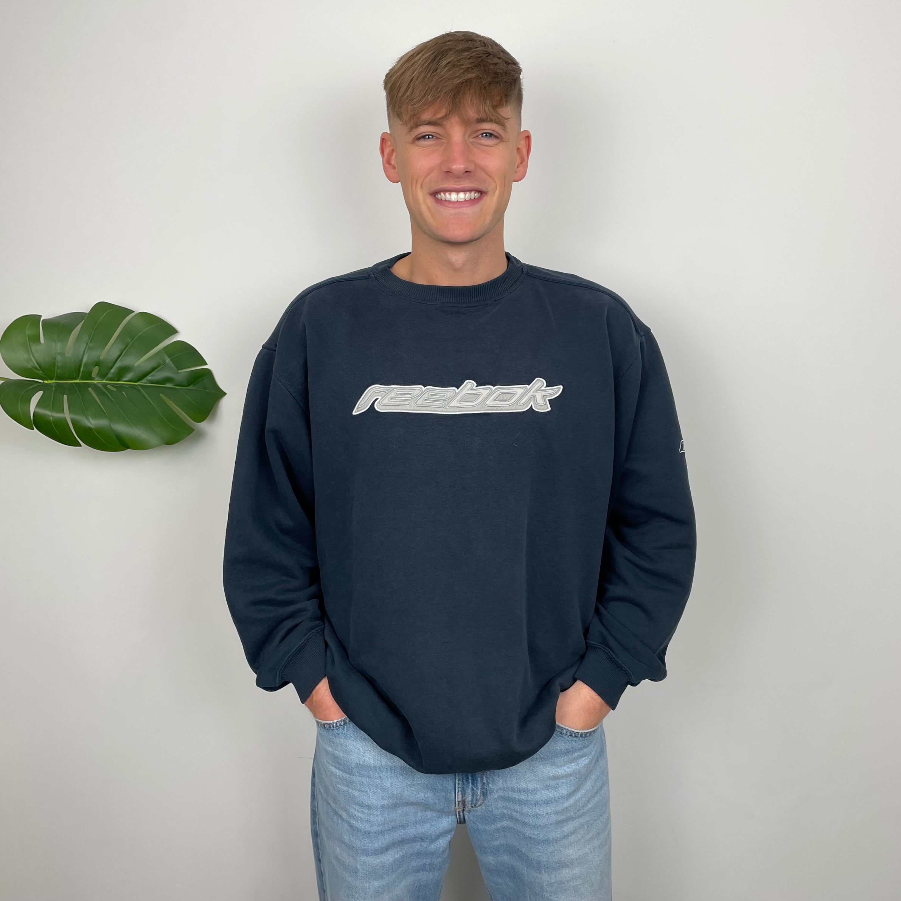 Reebok Navy Embroidered Spell Out Sweatshirt (L)