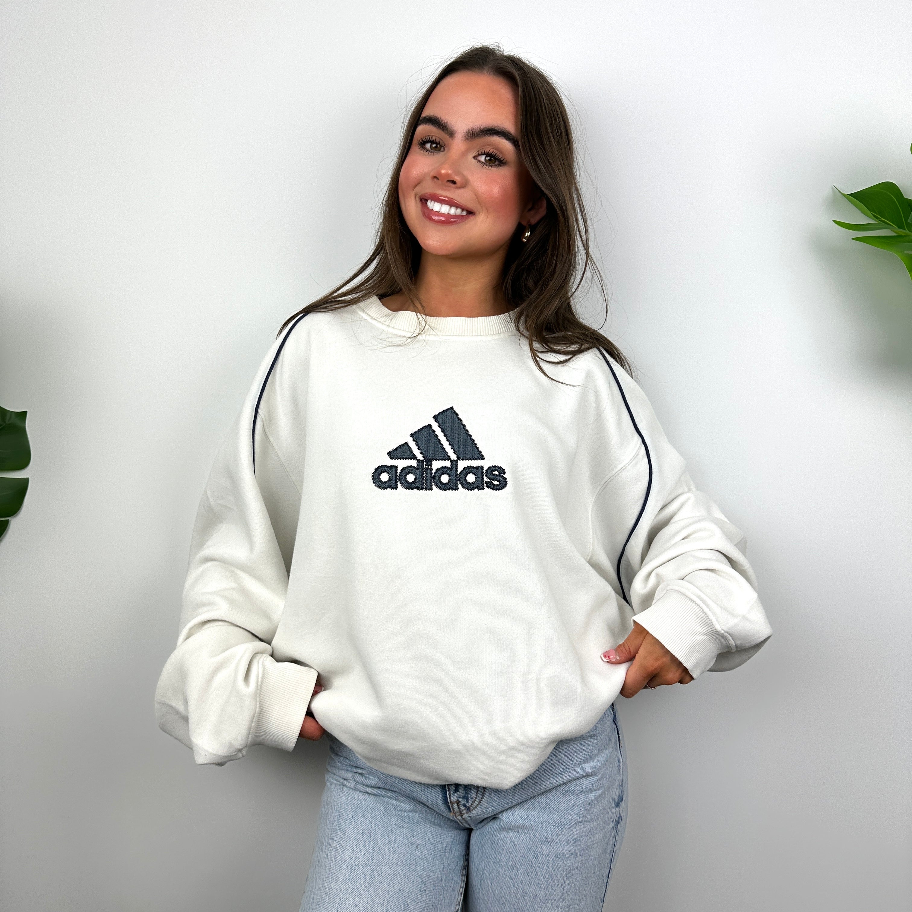 Adidas White Embroidered Spell Out Sweatshirt (L)