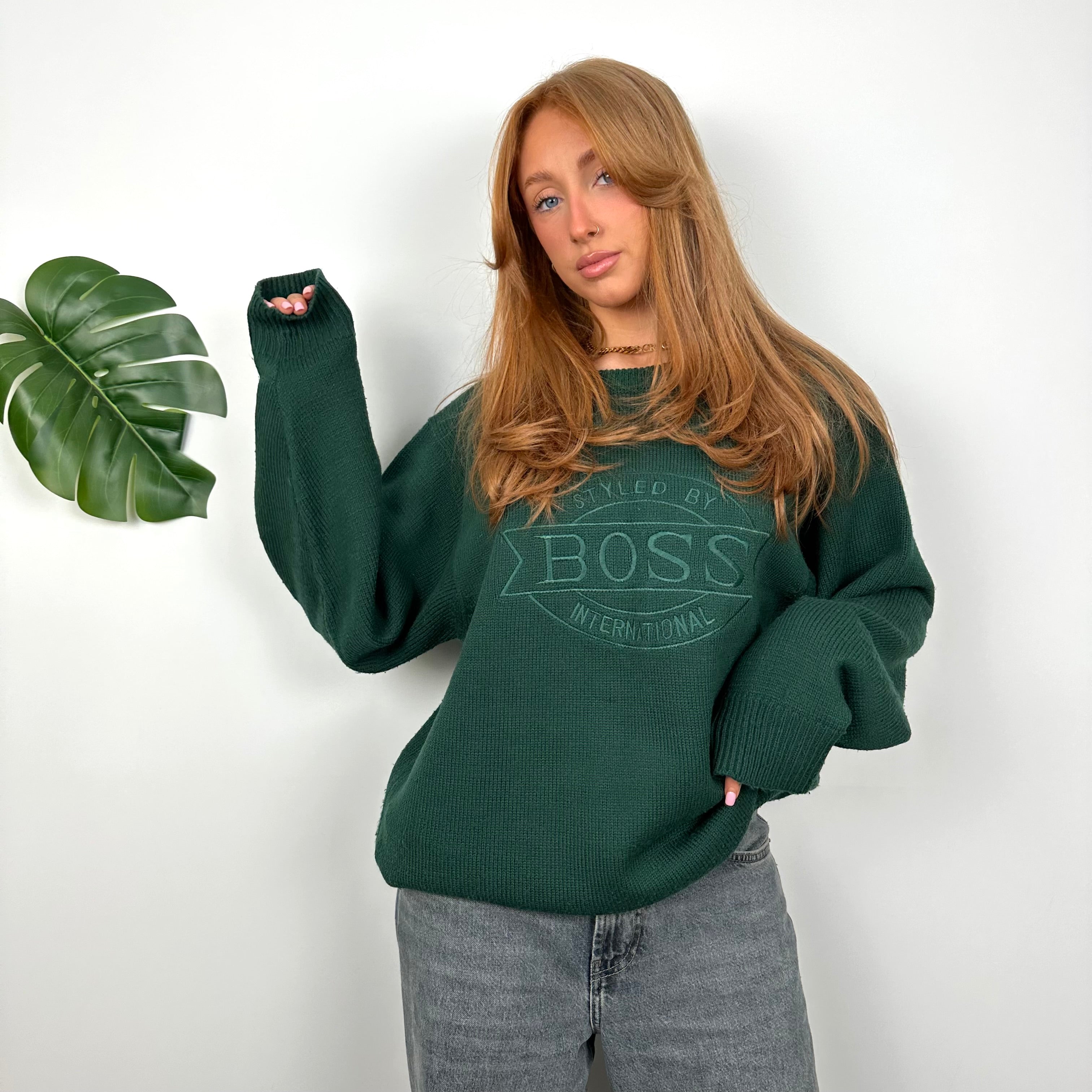 Hugo Boss Green Embroidered Spell Out Knitted Sweater (L)